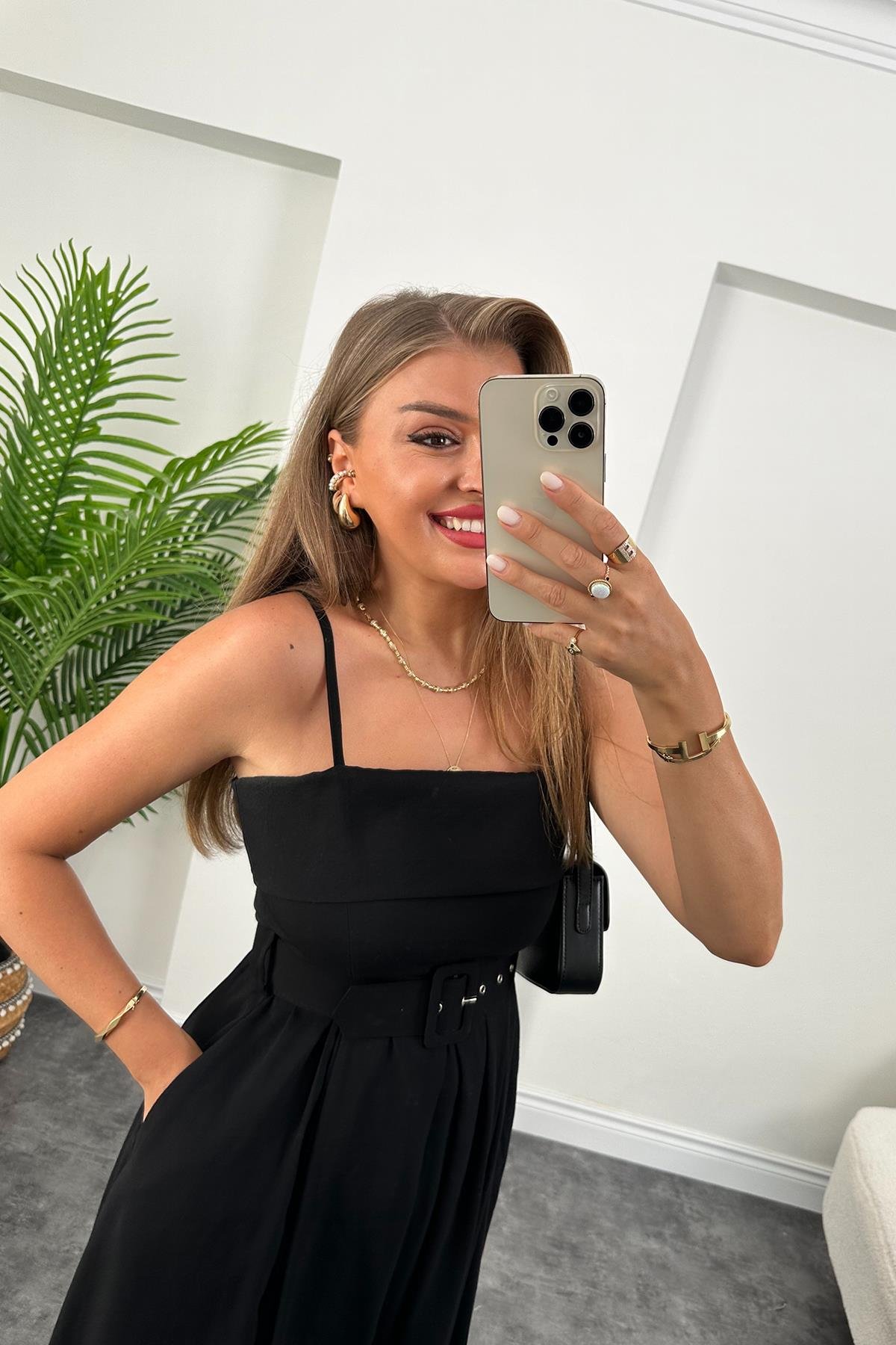 Lüx Kalite Tensel Modal Kumaş Kemerli Maxi Kloş Elbise Siyah