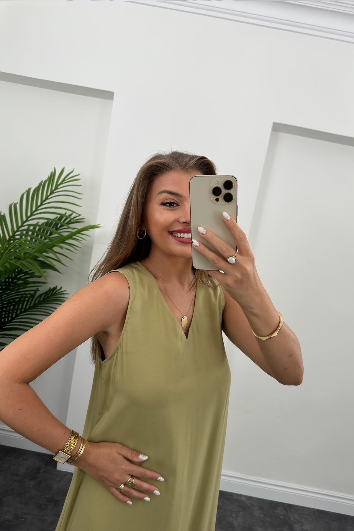 Lüx KaliteTensel Kumaş V Yaka Basic Elbise Yağ Yeşili
