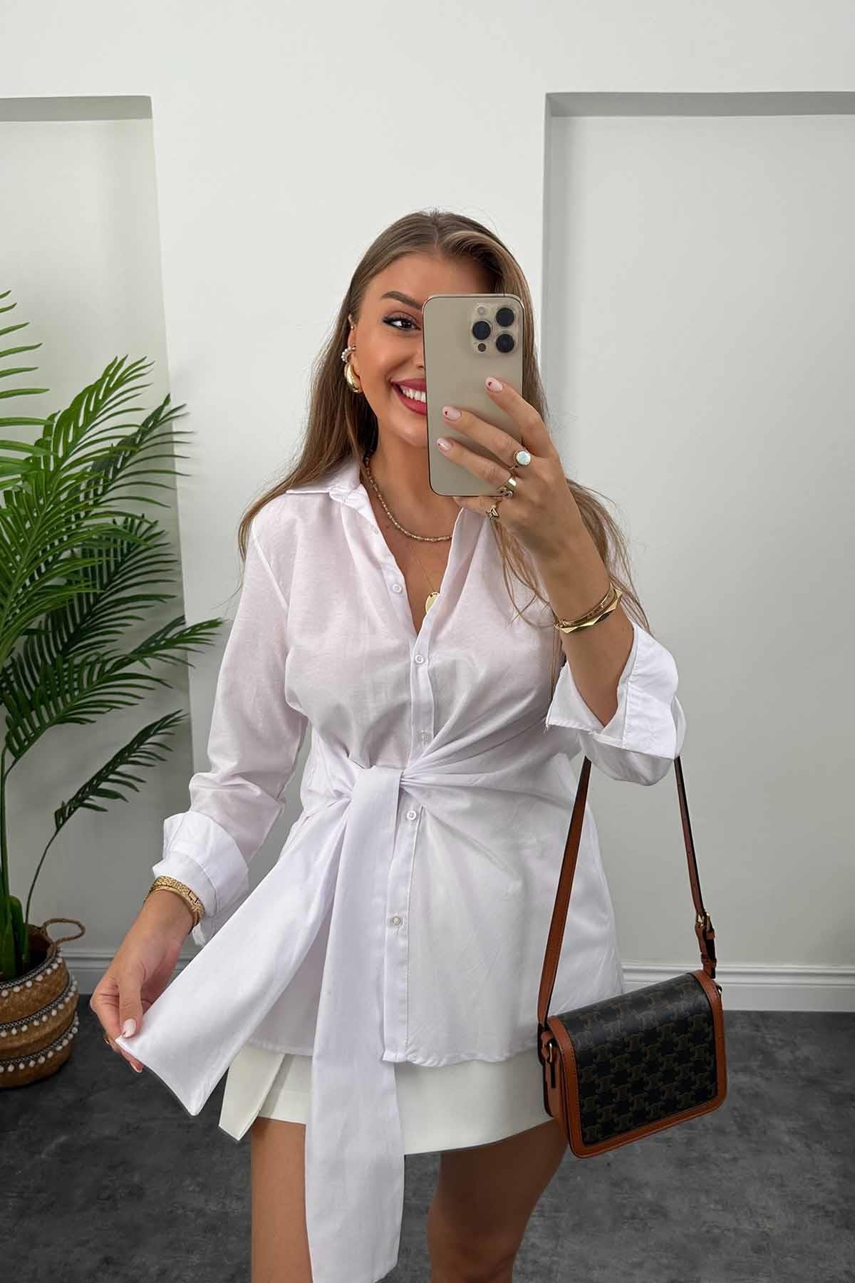 Mango Model Bağlamalı Tasarım Gömlek Beyaz 