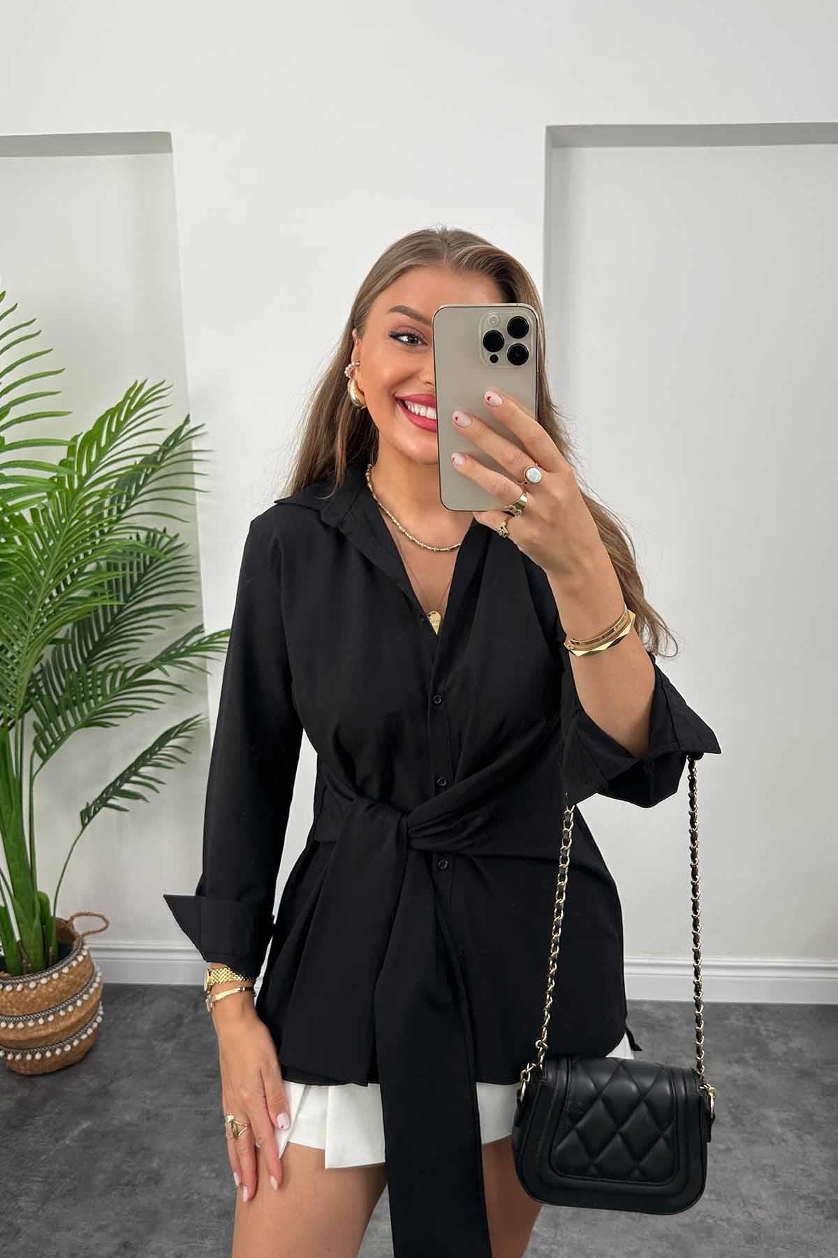 Mango Model Bağlamalı Tasarım Gömlek Siyah