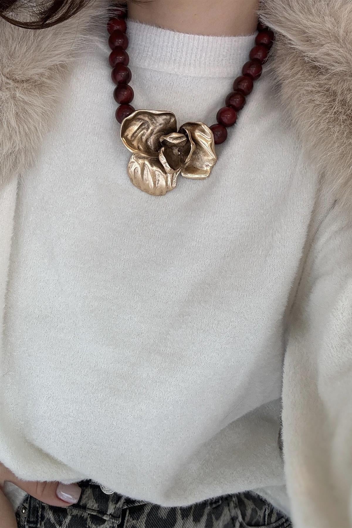 Marka Model Bordo Boncuk Çiçek Kolye Gold
