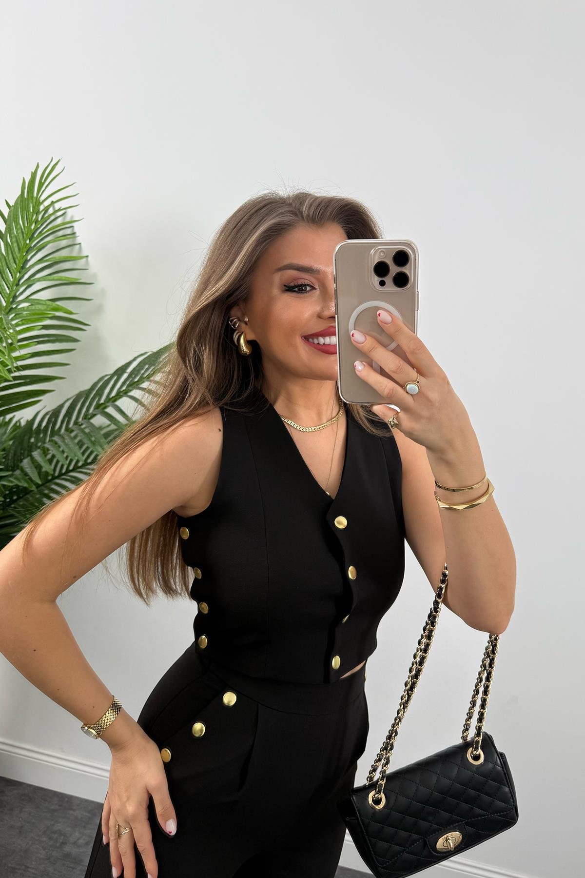 Marka Model Gold Düğmeli Yelek Pantolon Takım Siyah 