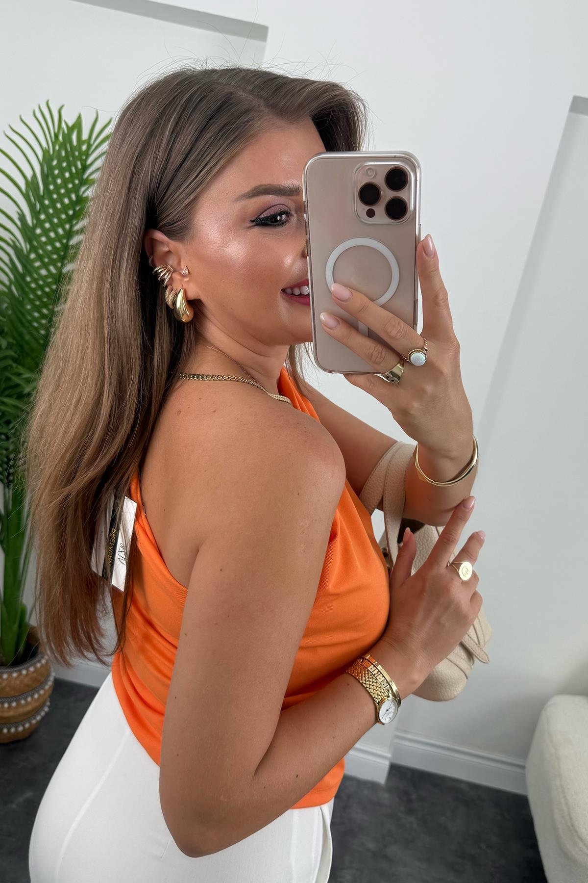 Marka Model Likralı Drapeli Tek Omuz Tasarım Bluz Turuncu 