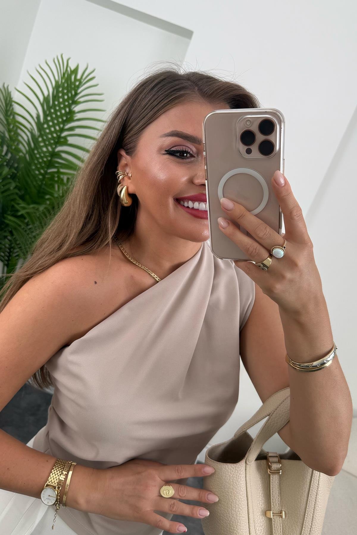 Marka Model Likralı Drapeli Tek Omuz Tasarım Bluz Taş 