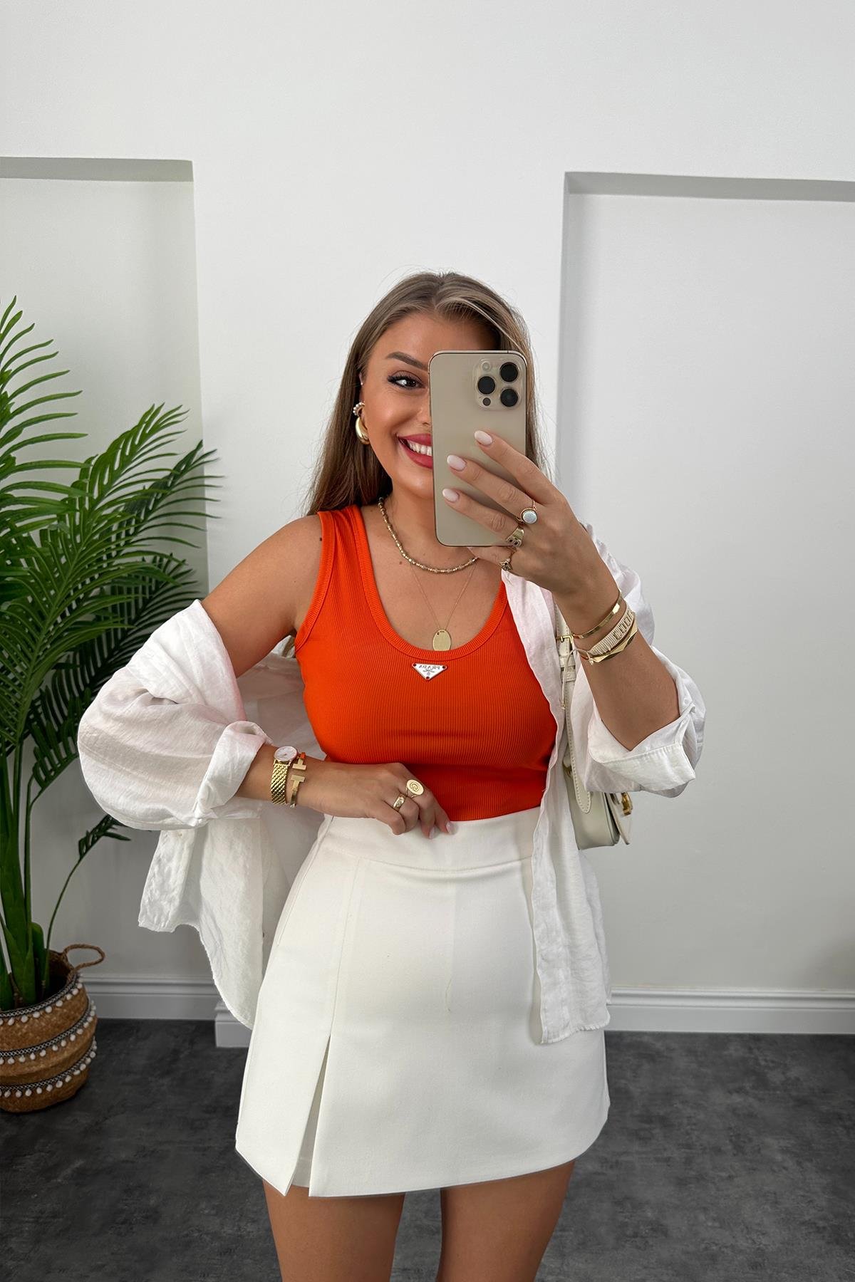 Marka Model Likralı Tam Boy Kaşkorse Atlet Oranj