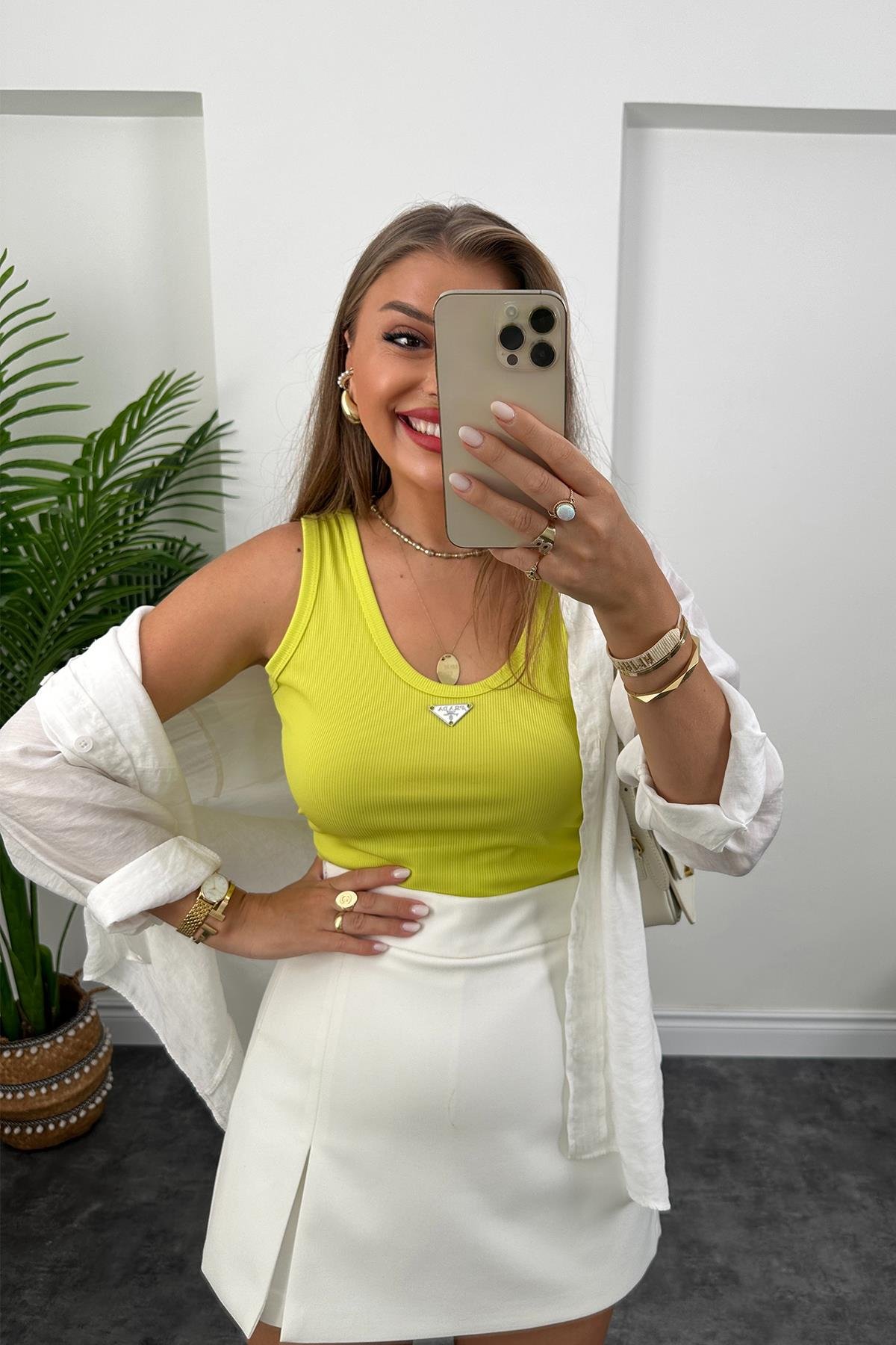 Marka Model Likralı Tam Boy Kaşkorse Atlet Neon Fıstık