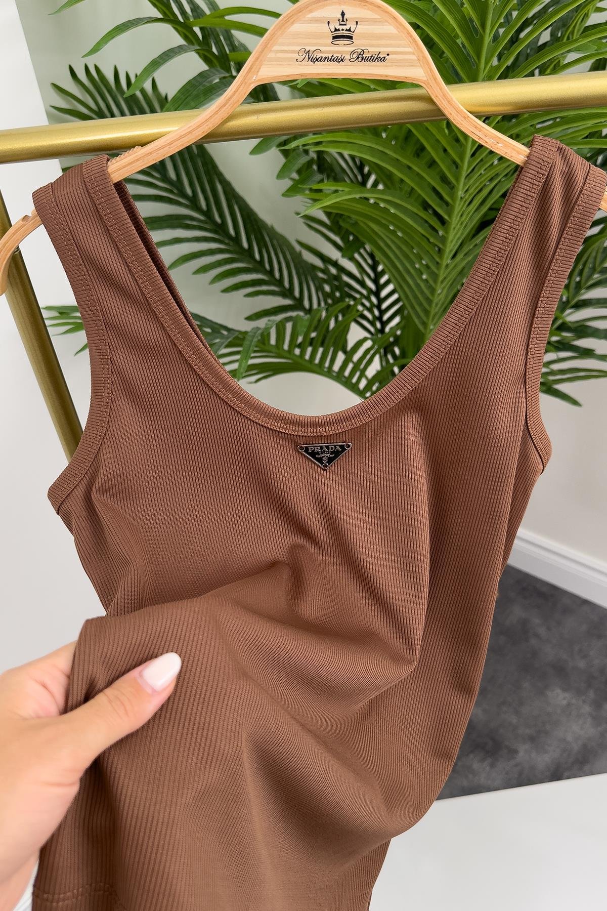 Marka Model Likralı Tam Boy Kaşkorse Atlet Kahverengi