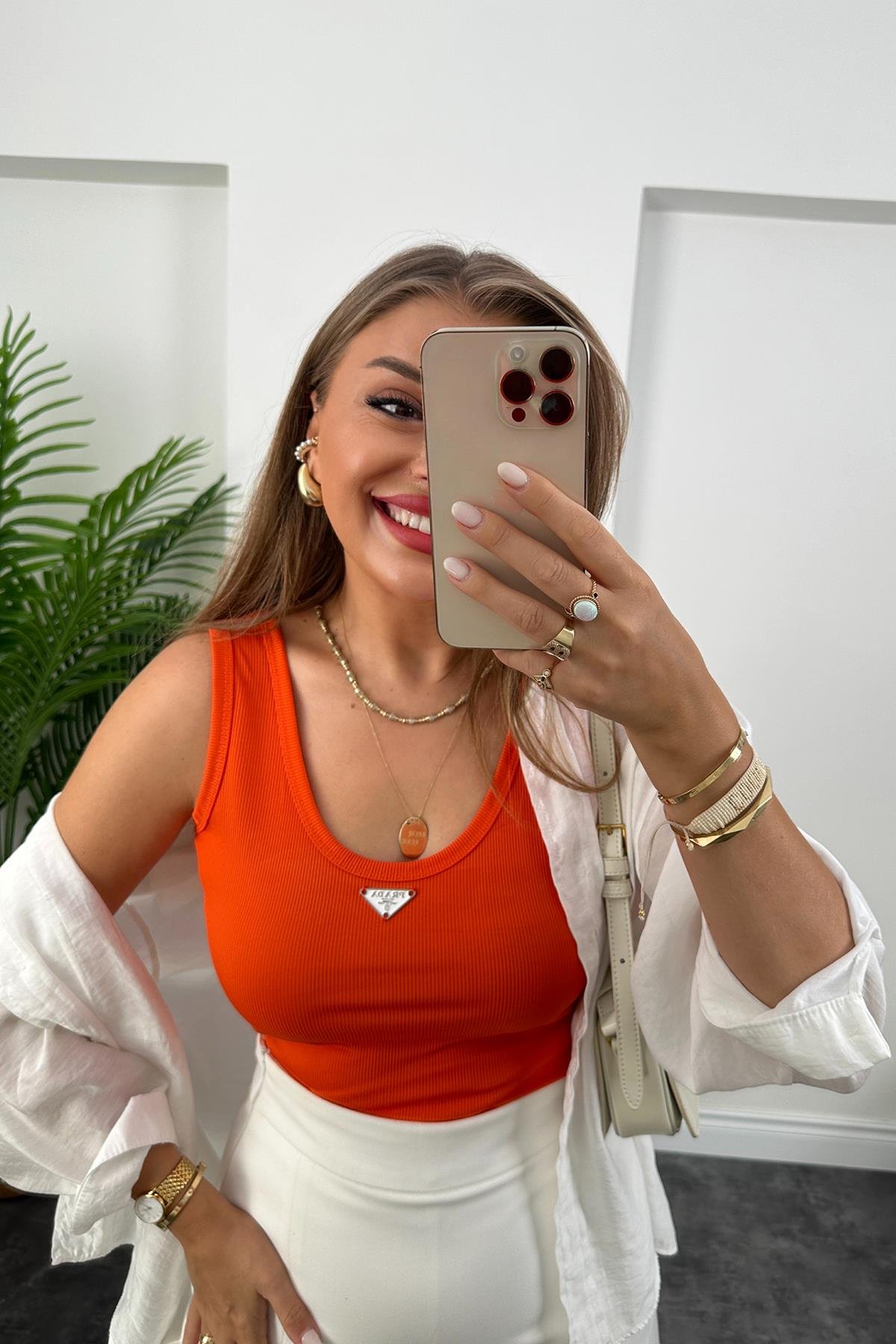 Marka Model Likralı Tam Boy Kaşkorse Atlet Oranj