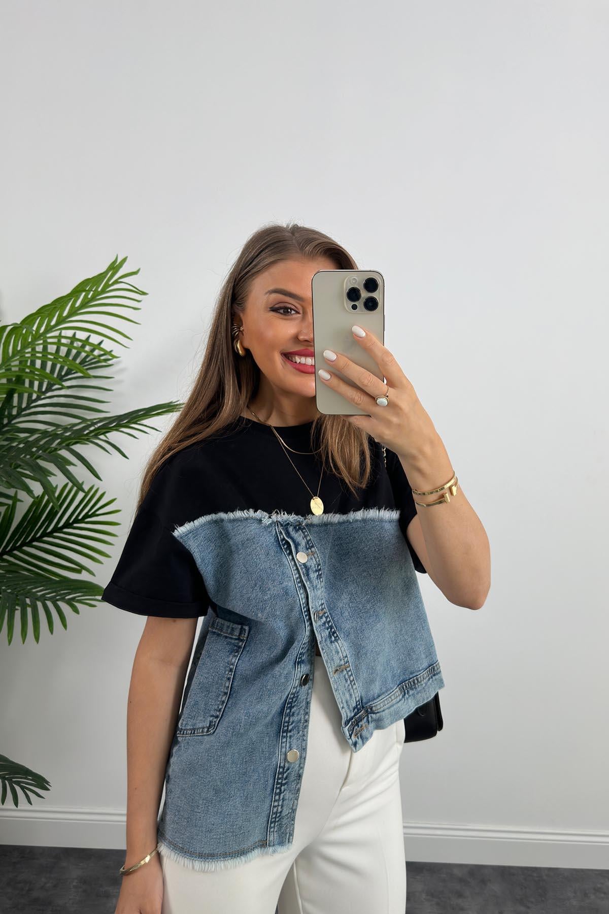 Marka Model Lüx Kalite Jean Mixli Bluz Siyah