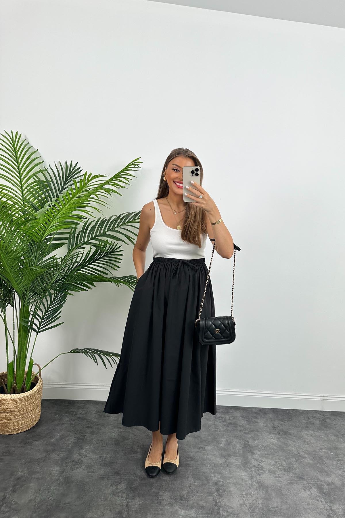 Marka Model maxi Boy Beli Lastikli Basic Poplin Etek Siyah