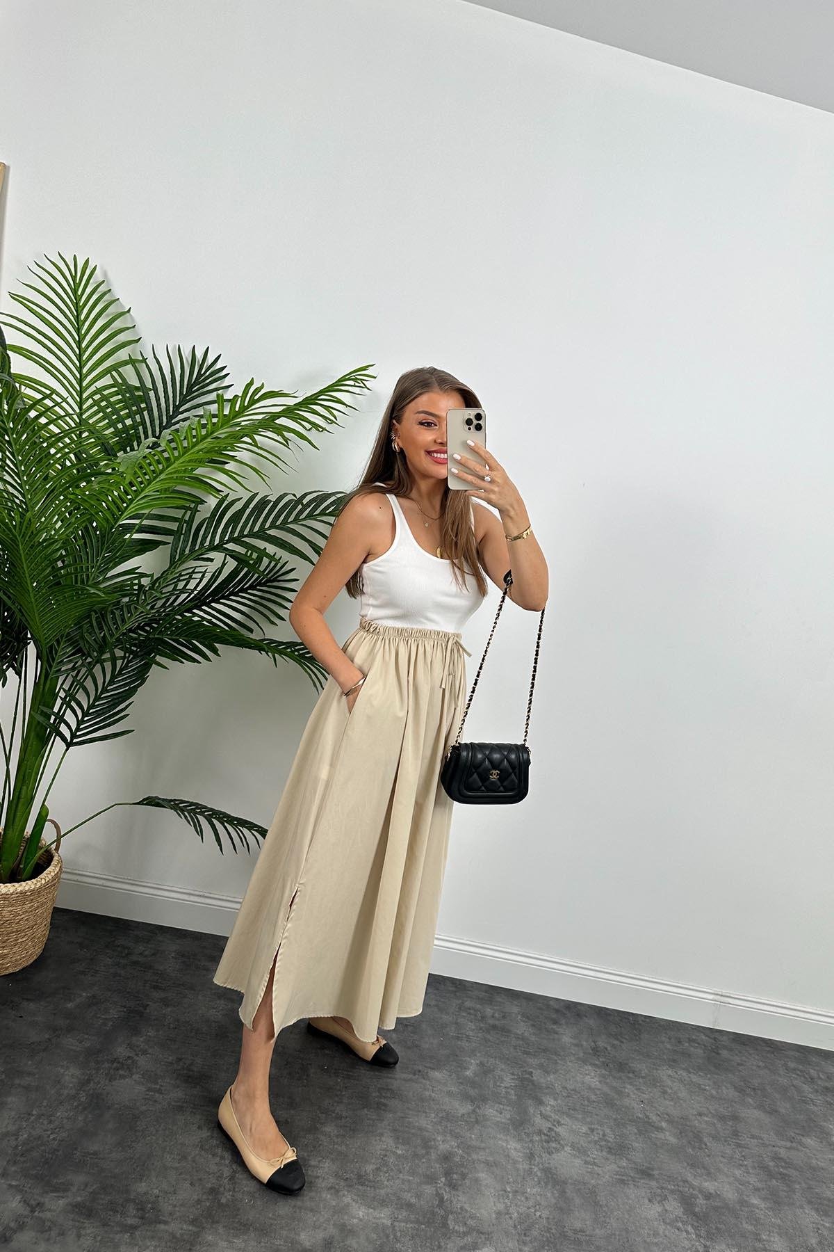 Marka Model maxi Boy Beli Lastikli Basic Poplin Etek Bej