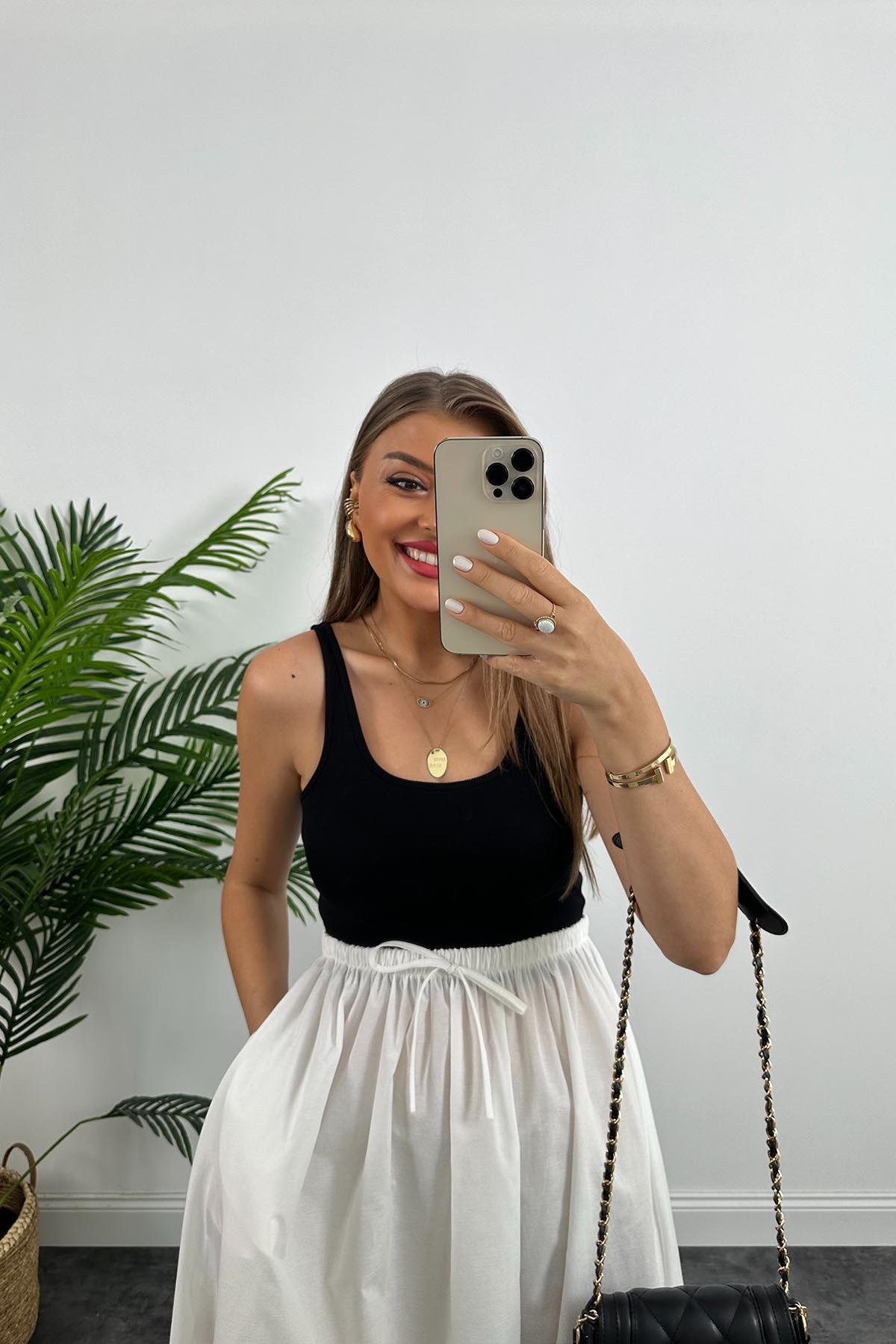 Marka Model maxi Boy Beli Lastikli Basic Poplin Etek Beyaz