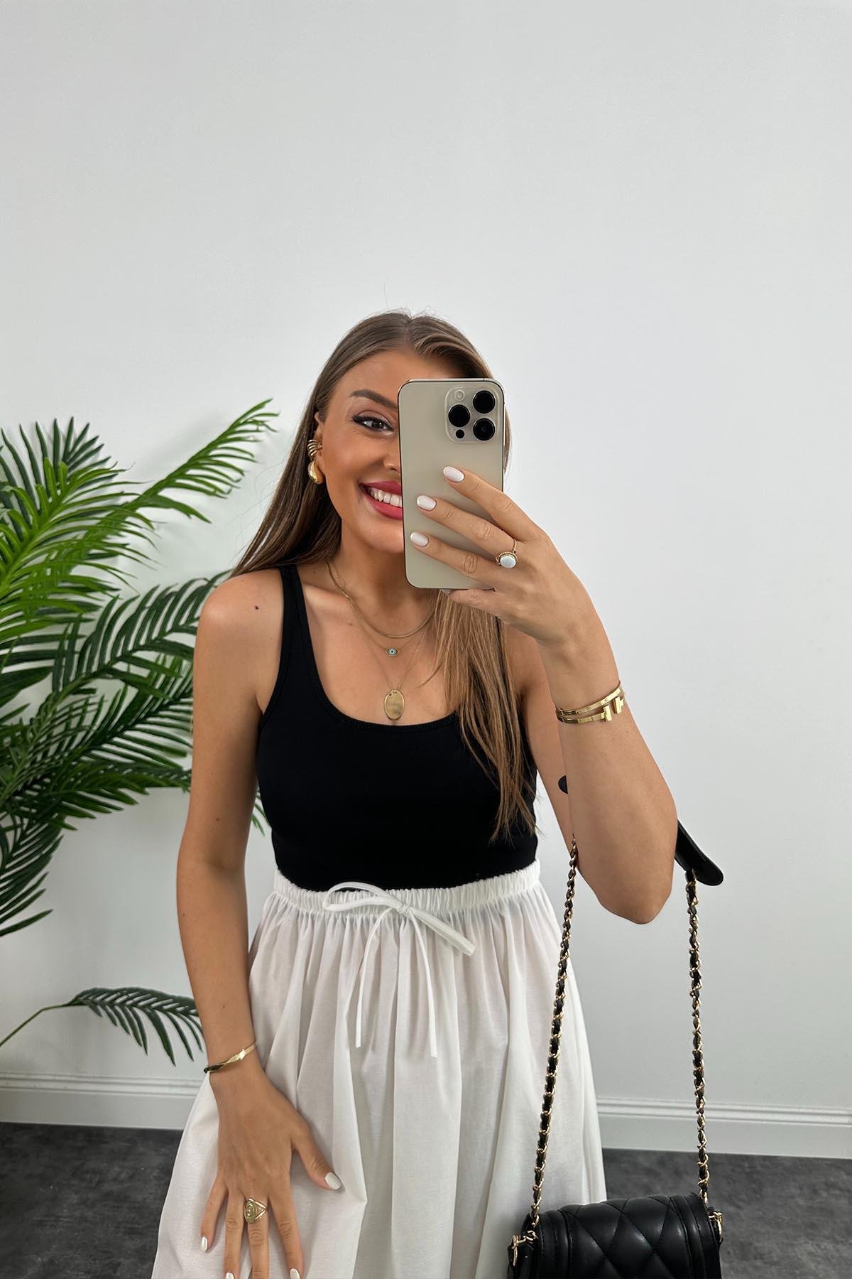 Marka Model maxi Boy Beli Lastikli Basic Poplin Etek Beyaz