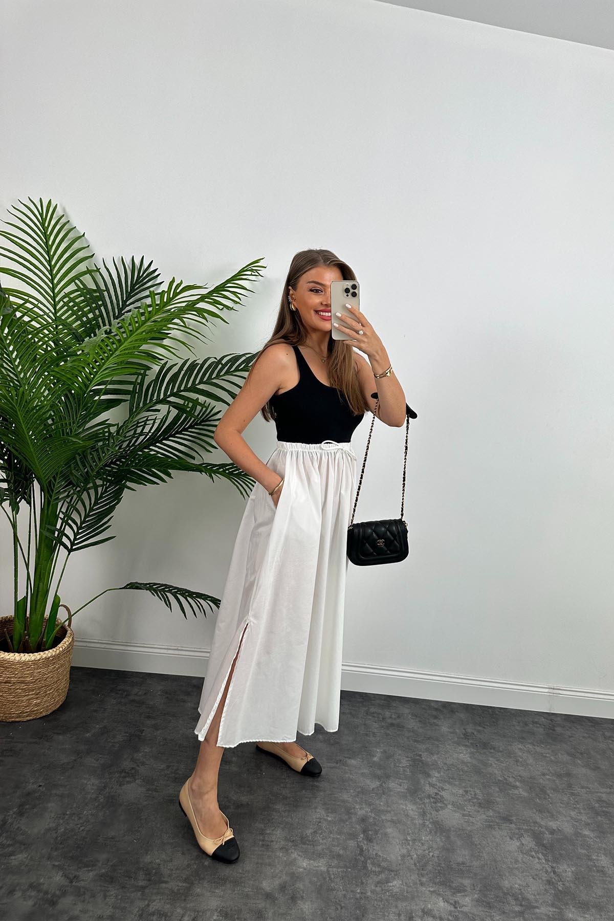 Marka Model maxi Boy Beli Lastikli Basic Poplin Etek Beyaz