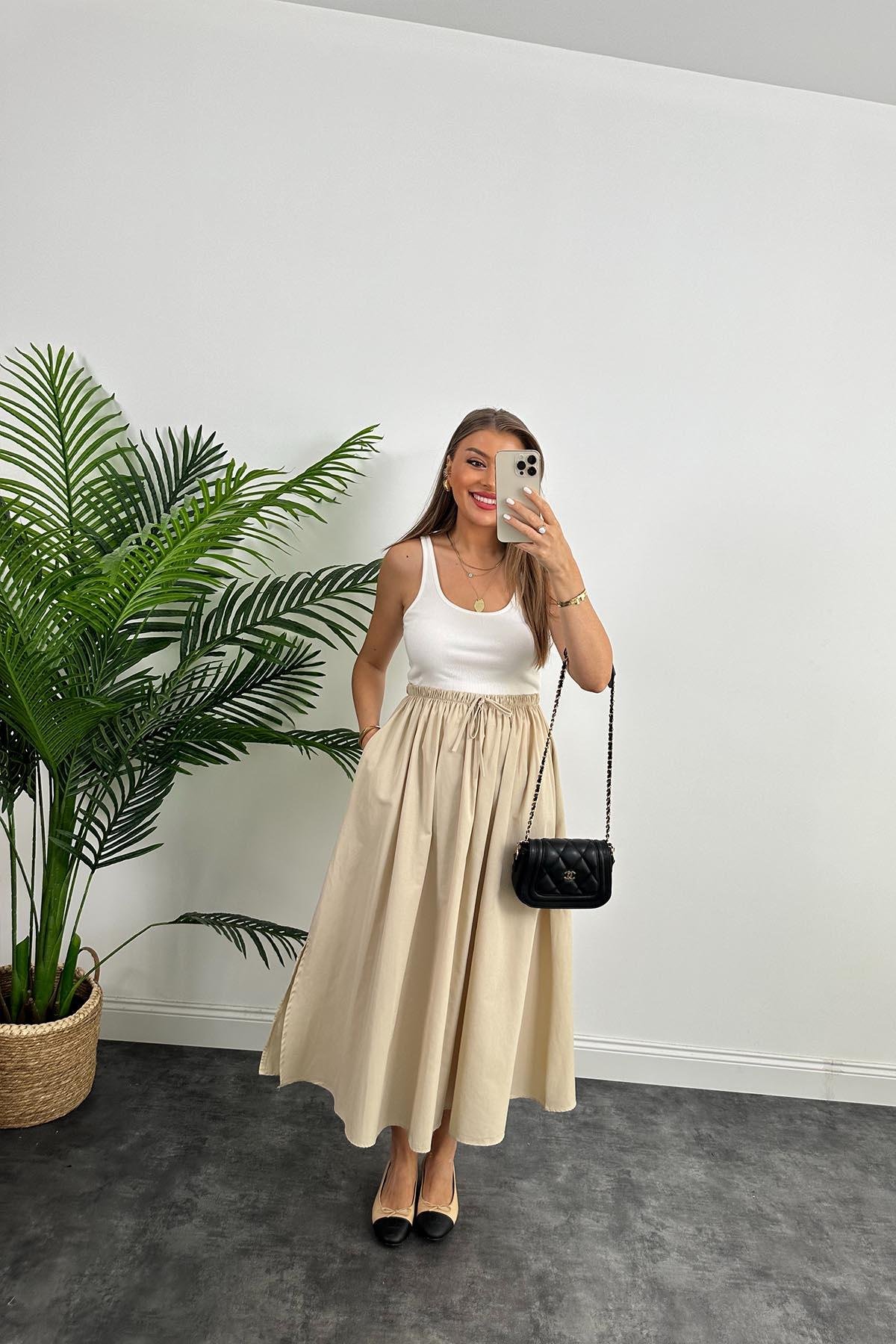 Marka Model maxi Boy Beli Lastikli Basic Poplin Etek Bej