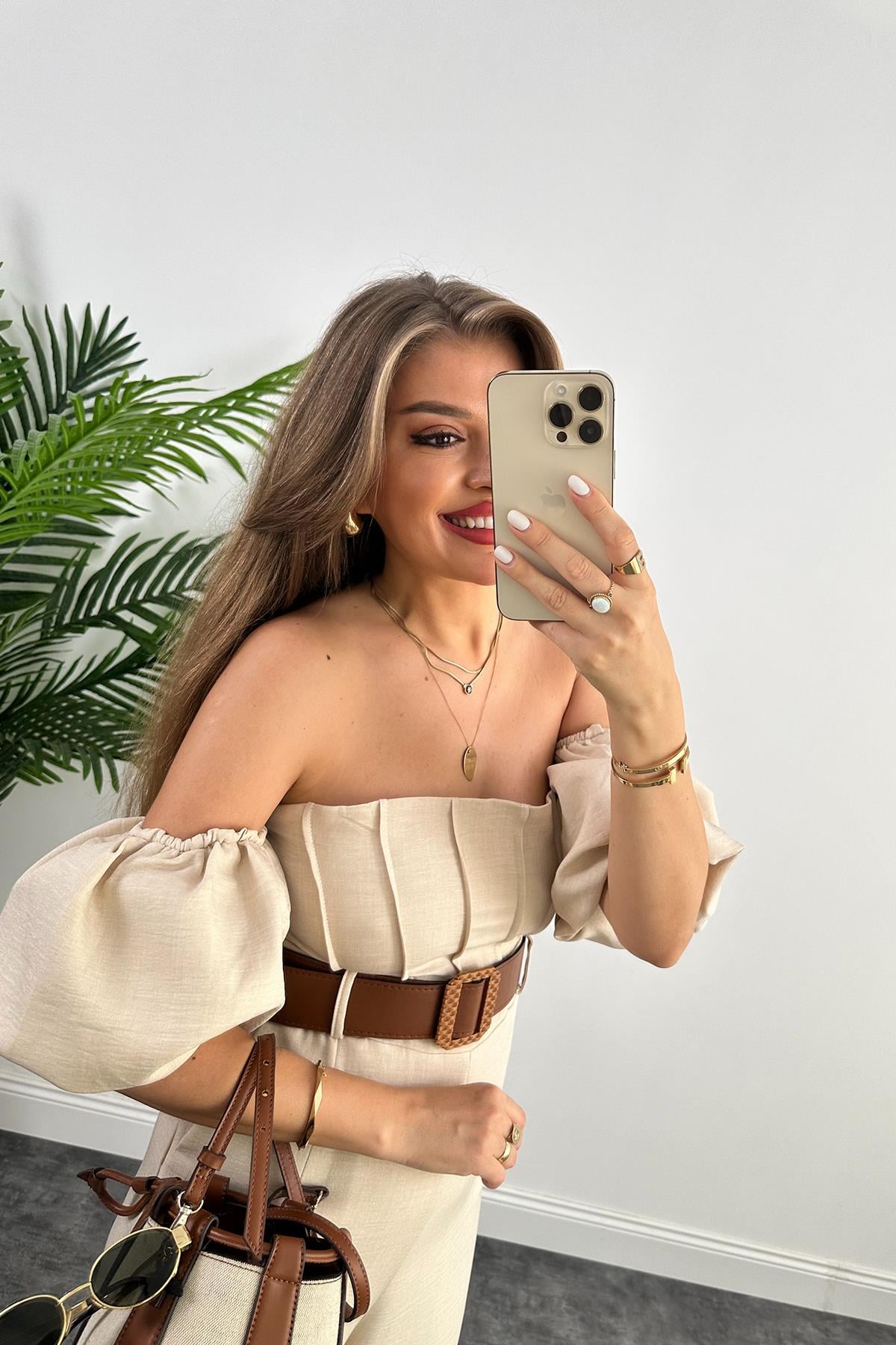 Marka Model Prenses Kol Kemerli Bol Paça Keten Tulum