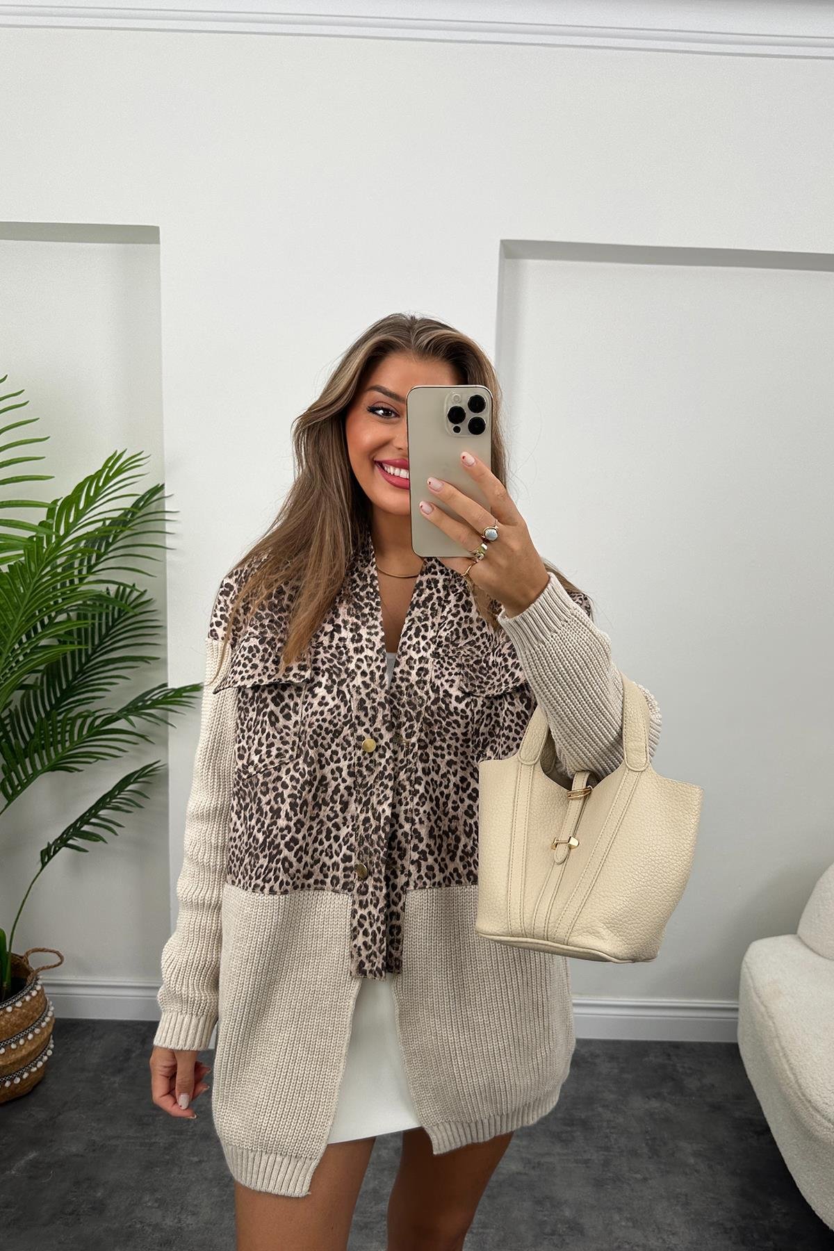Marka Model Triko Mixli Üstü Gabardin Tasarım Leopar Ceket Taş