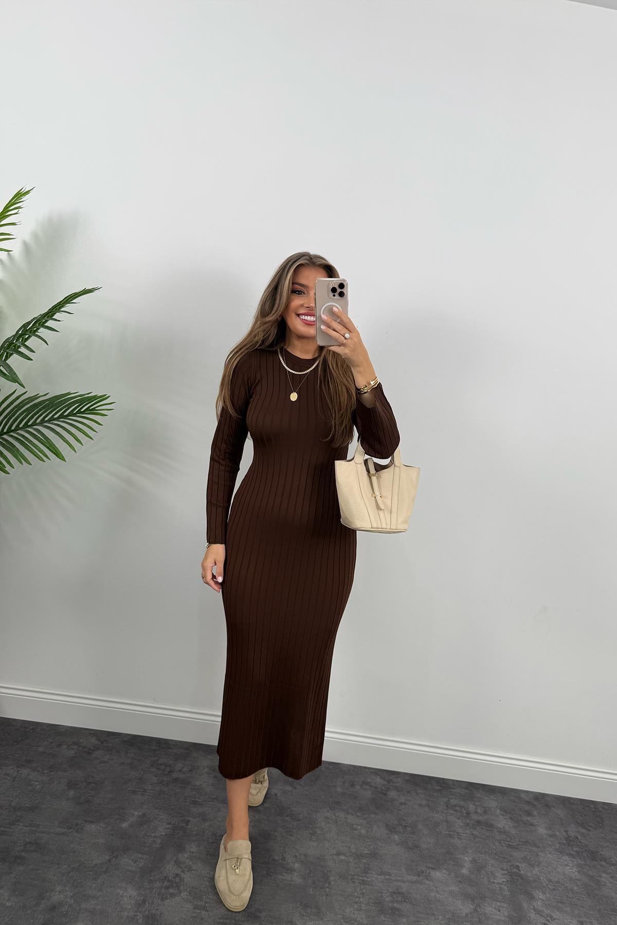 Massi Model Lüx Kalite Merserize Triko Elbise Acı Kahve