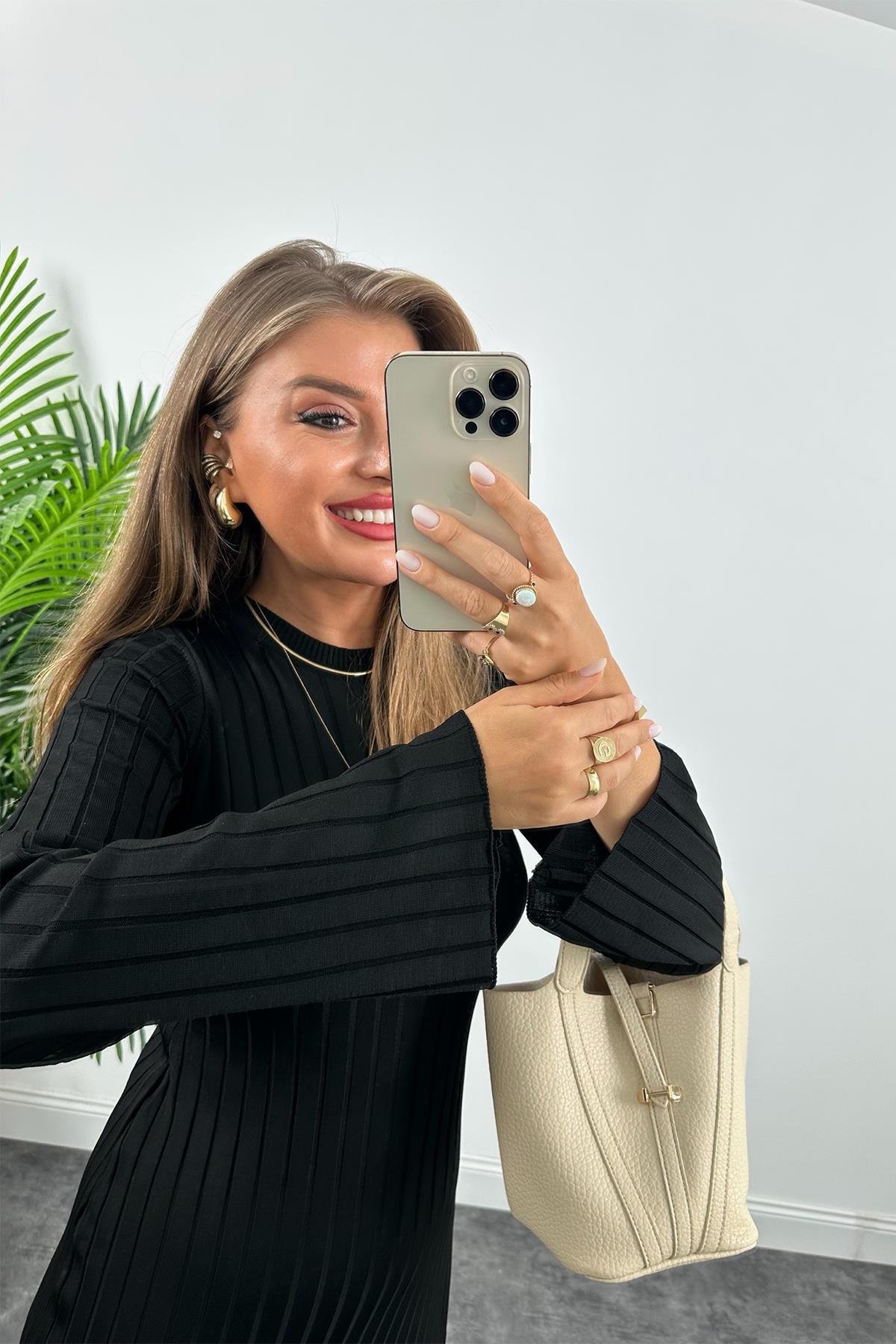 Massi Model Lüx Kalite Merserize Triko Elbise Siyah