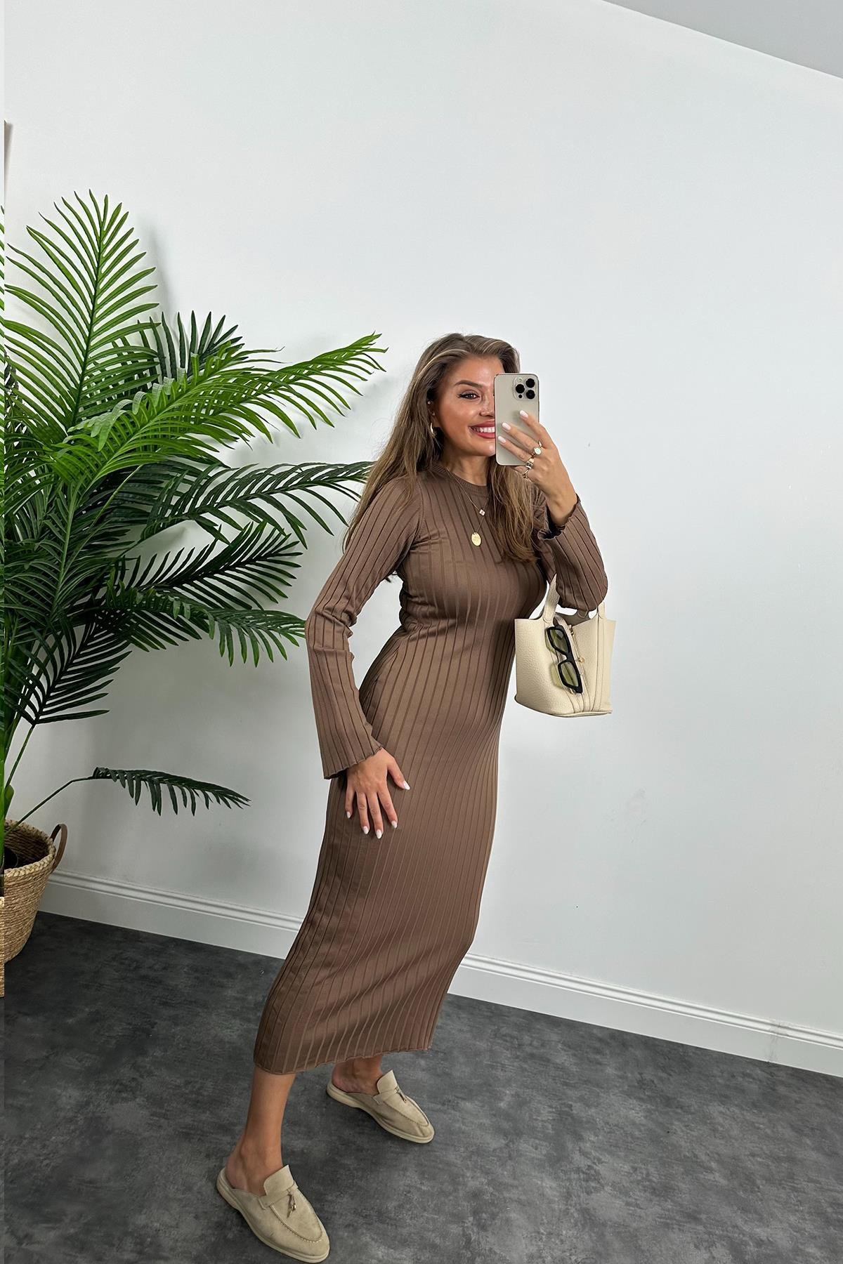 Massi Model Lüx Kalite Merserize Triko Elbise Kahverengi