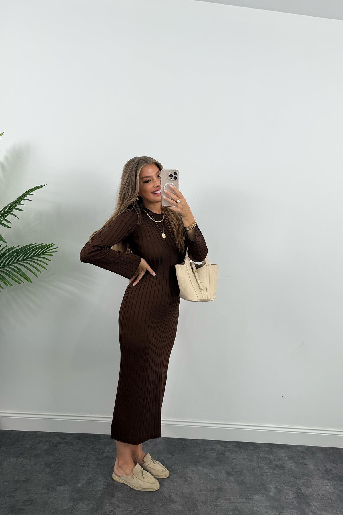 Massi Model Lüx Kalite Merserize Triko Elbise Acı Kahve