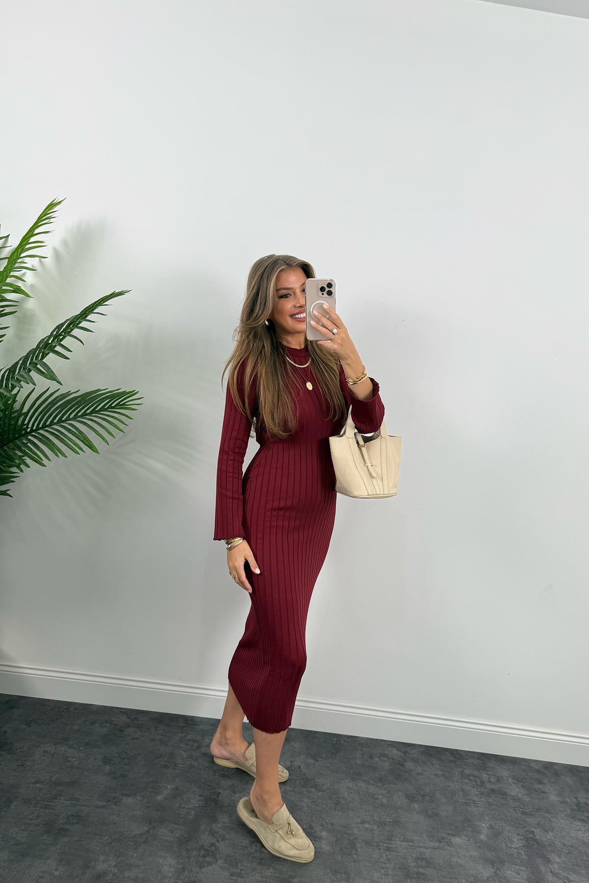 Massi Model Lüx Kalite Merserize Triko Elbise Bordo