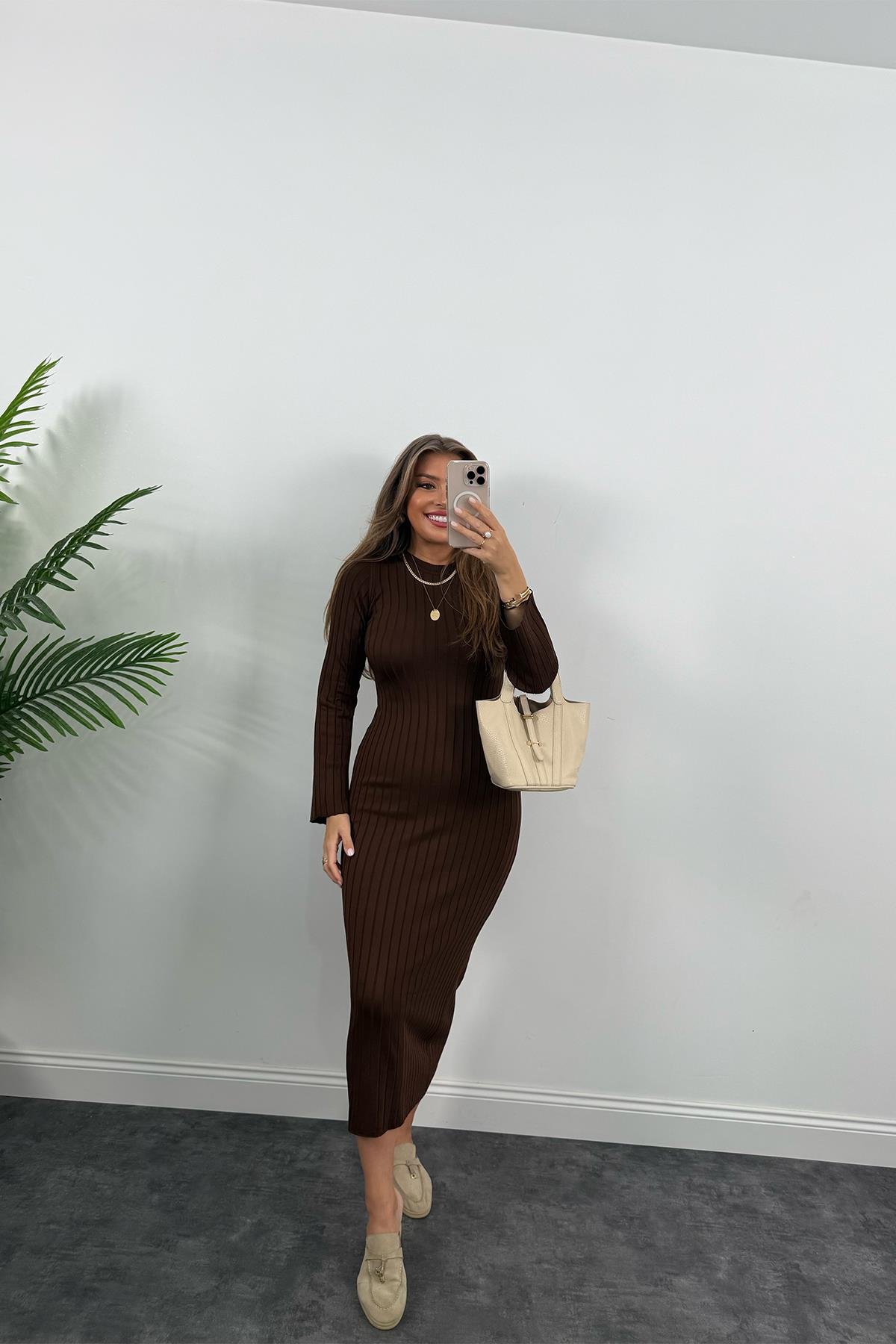 Massi Model Lüx Kalite Merserize Triko Elbise Acı Kahve