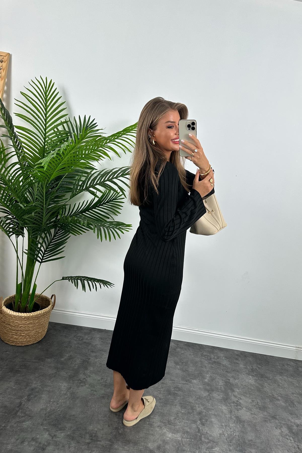 Massi Model Lüx Kalite Merserize Triko Elbise Siyah