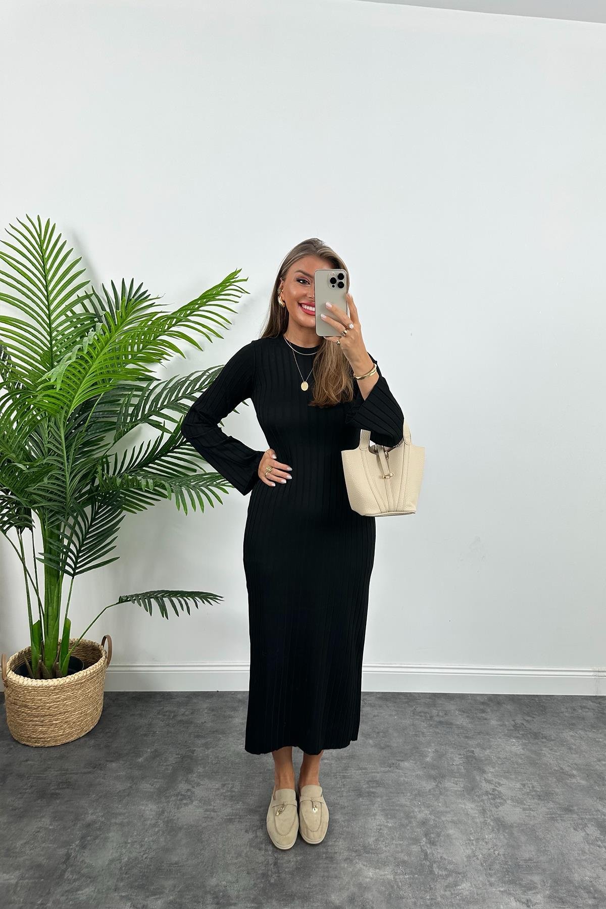 Massi Model Lüx Kalite Merserize Triko Elbise Siyah