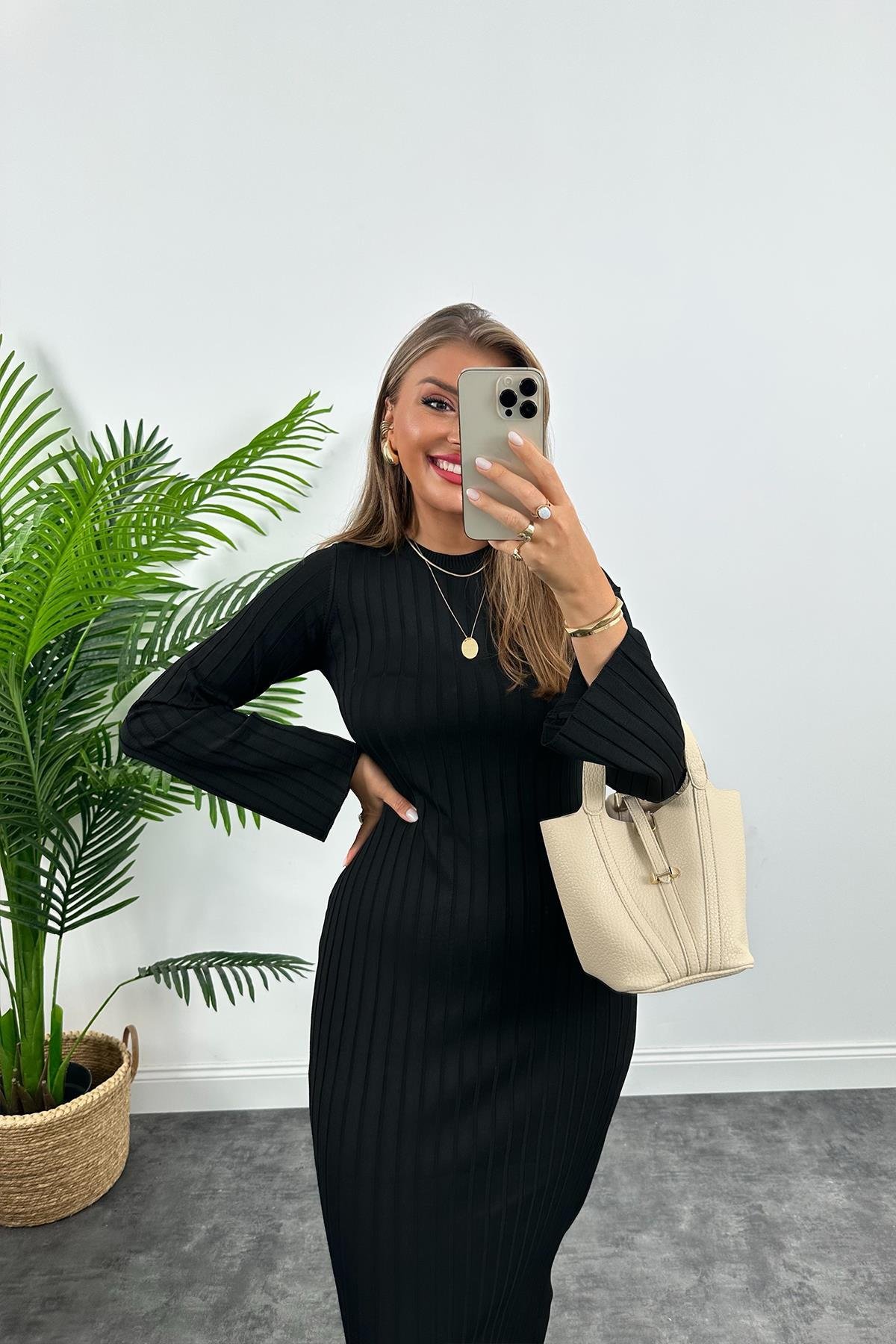 Massi Model Lüx Kalite Merserize Triko Elbise Siyah