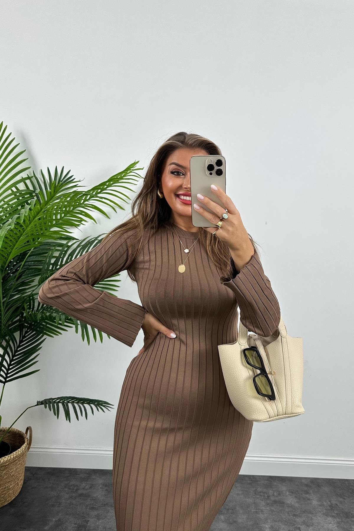 Massi Model Lüx Kalite Merserize Triko Elbise Kahverengi