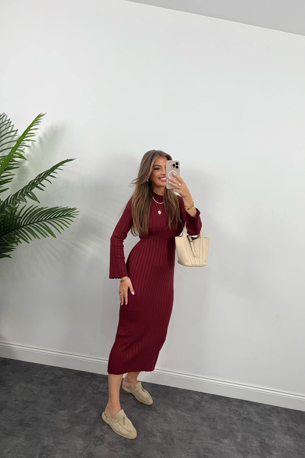 Massi Model Lüx Kalite Merserize Triko Elbise Bordo