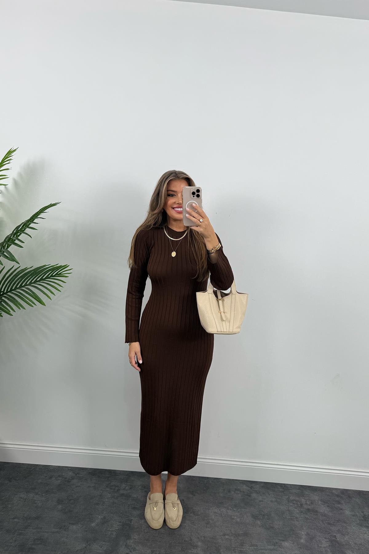 Massi Model Lüx Kalite Merserize Triko Elbise Acı Kahve