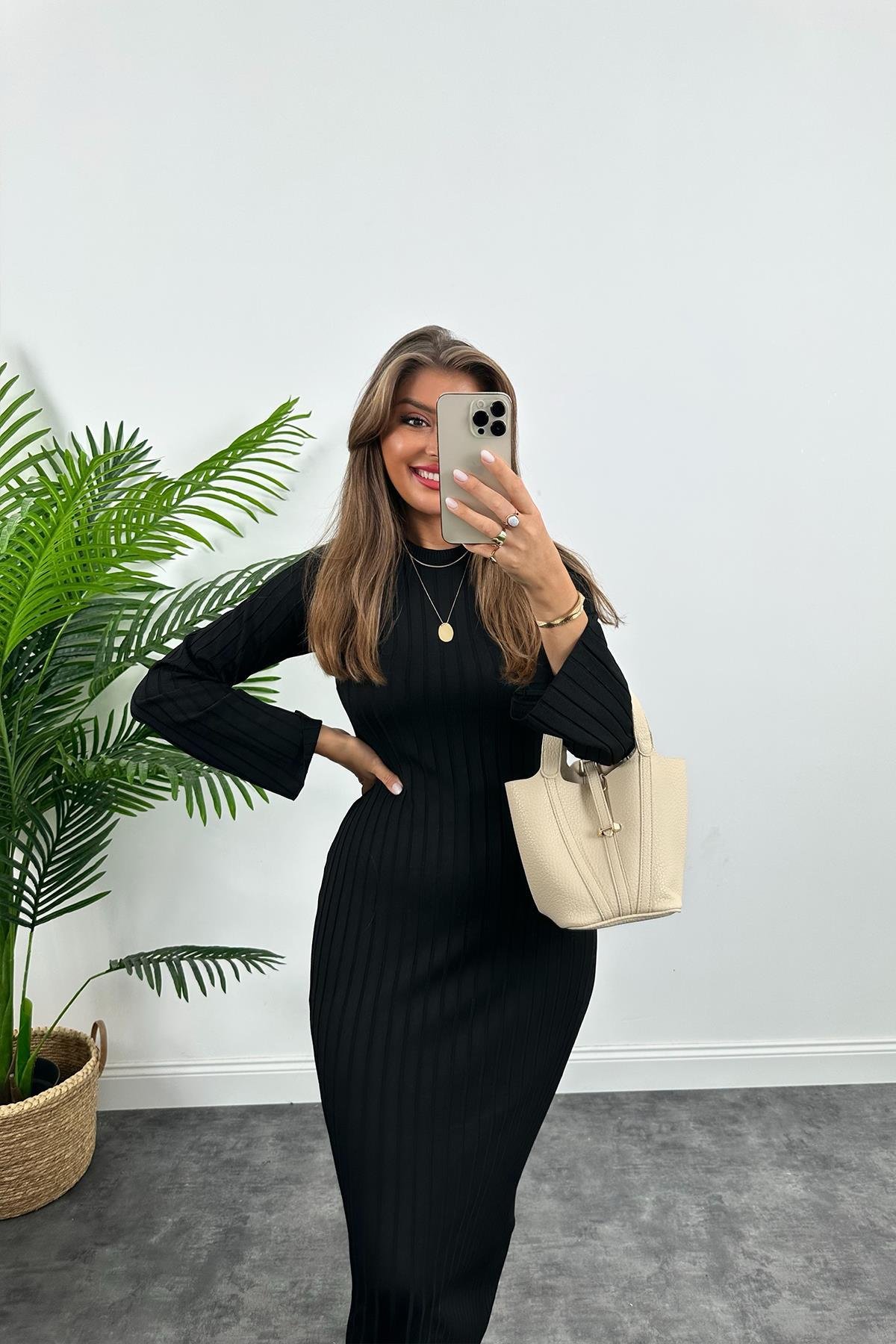 Massi Model Lüx Kalite Merserize Triko Elbise Siyah