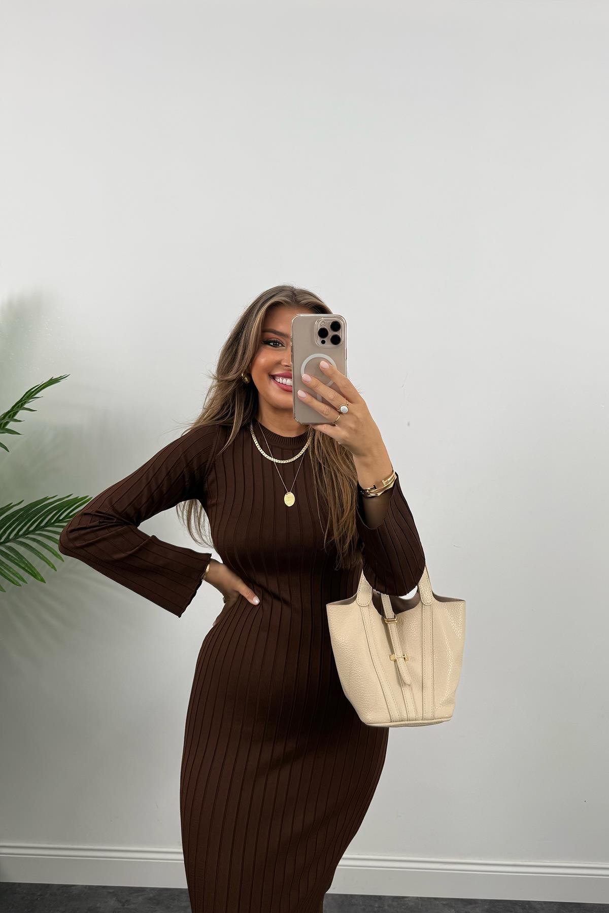 Massi Model Lüx Kalite Merserize Triko Elbise Acı Kahve