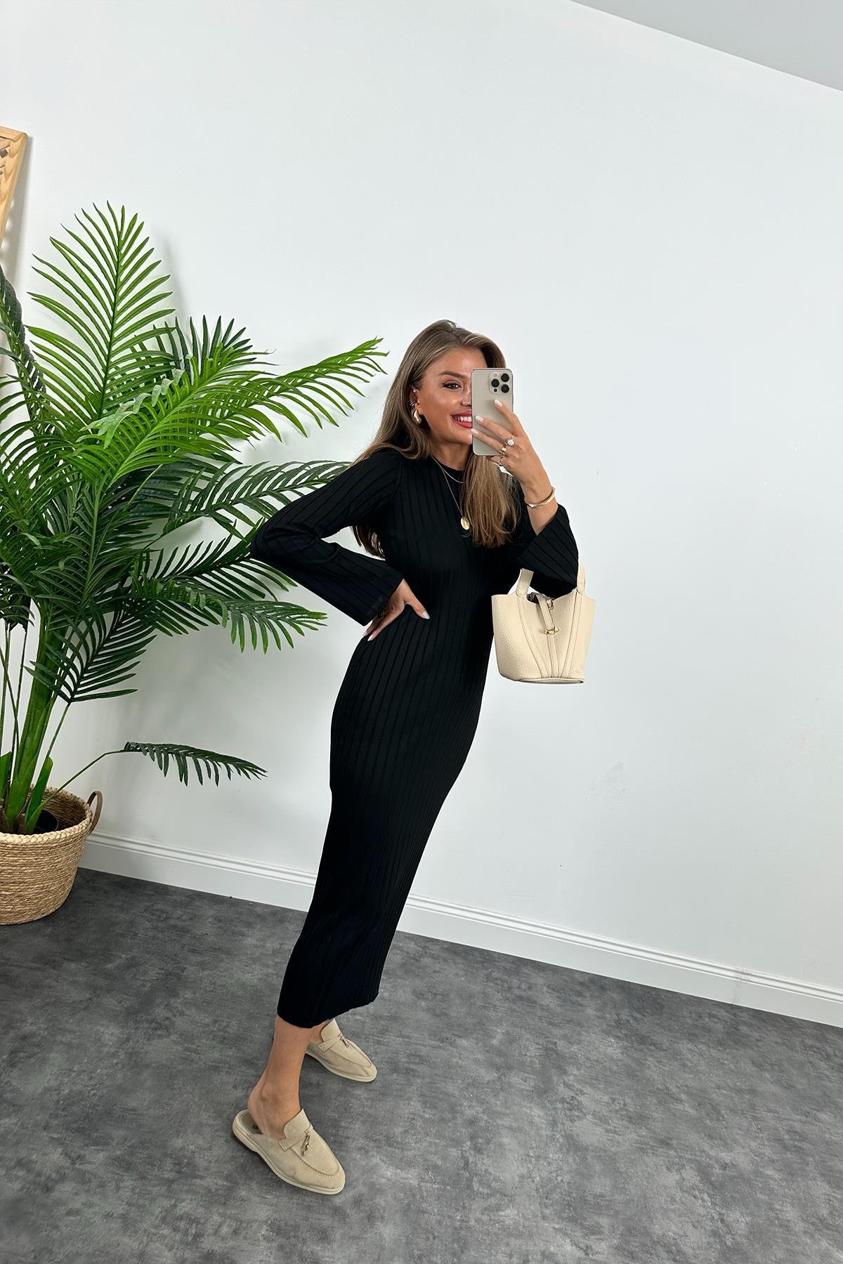 Massi Model Lüx Kalite Merserize Triko Elbise Siyah