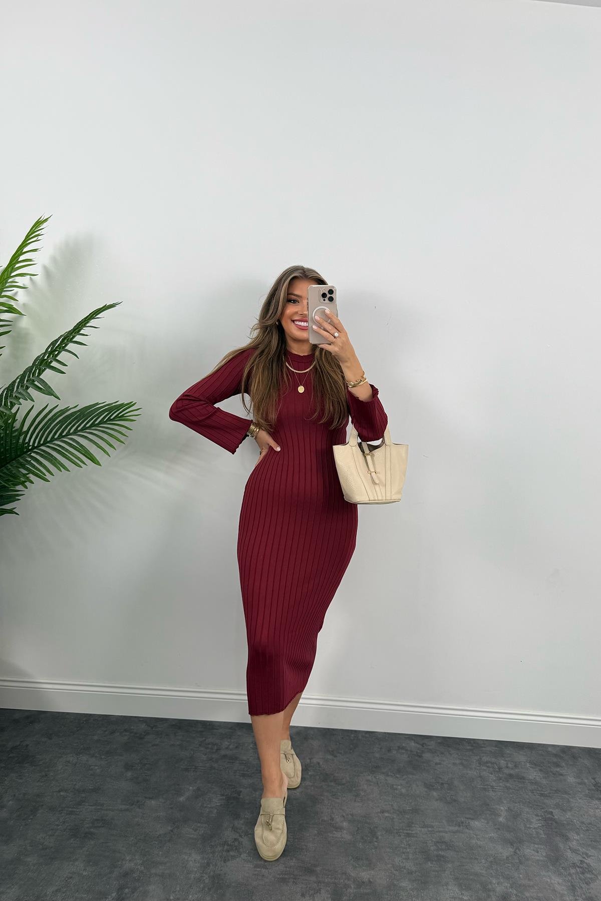 Massi Model Lüx Kalite Merserize Triko Elbise Bordo