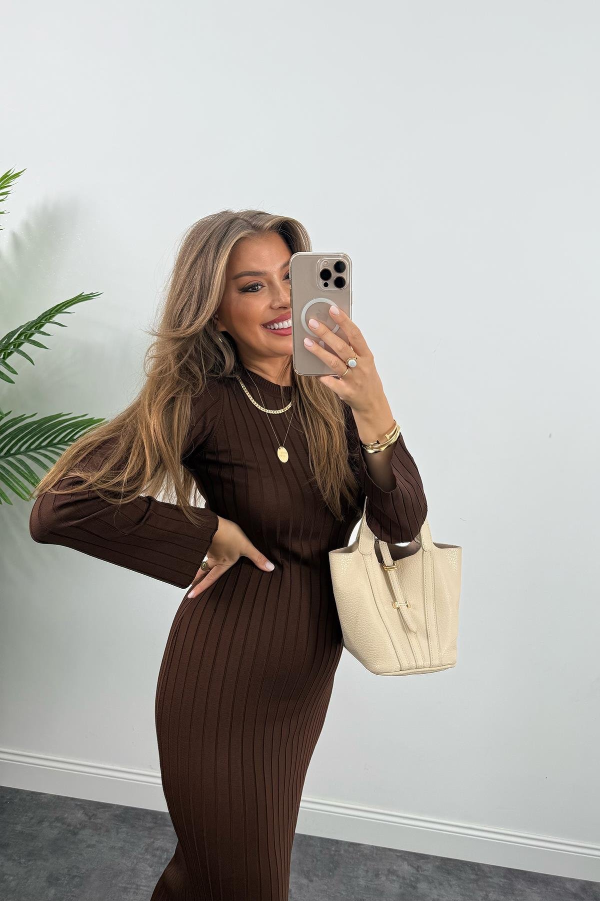 Massi Model Lüx Kalite Merserize Triko Elbise Acı Kahve