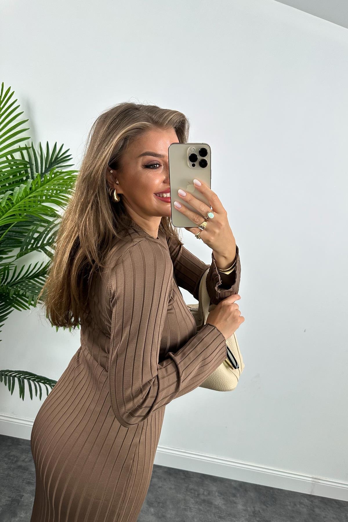 Massi Model Lüx Kalite Merserize Triko Elbise Kahverengi