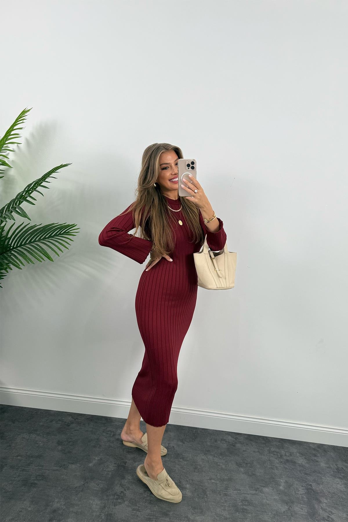 Massi Model Lüx Kalite Merserize Triko Elbise Bordo