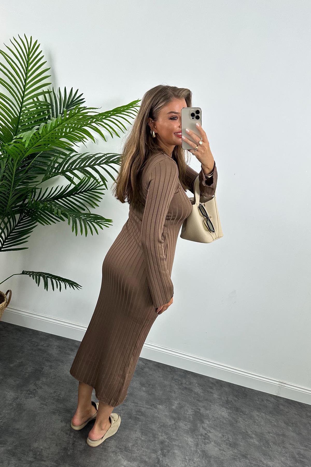 Massi Model Lüx Kalite Merserize Triko Elbise Kahverengi