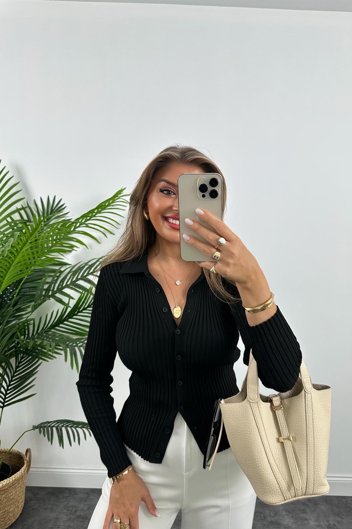 Massi Model Polo Yaka Tam Boy Düğmeli Elit Triko Siyah