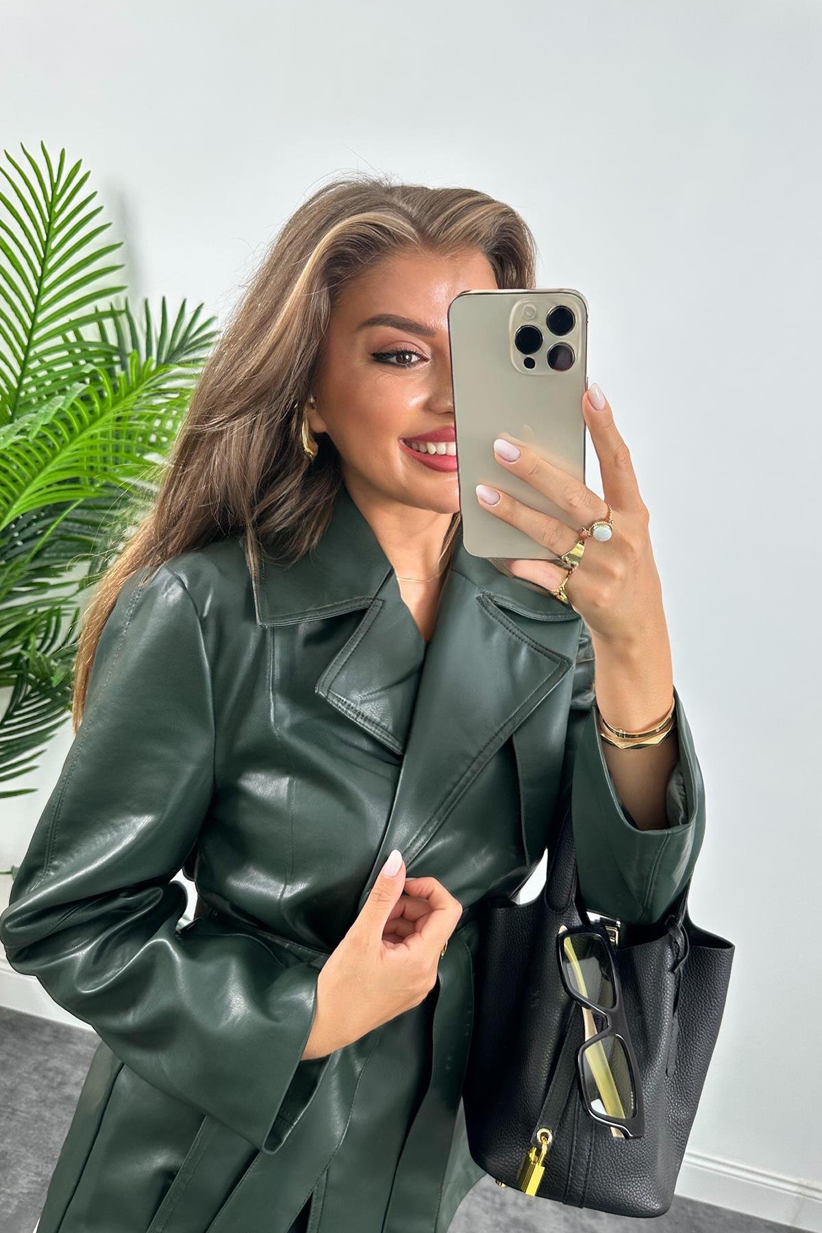 Massi Model Premium Seri Vegan Deri Orta Boy Trençkot Yeşil