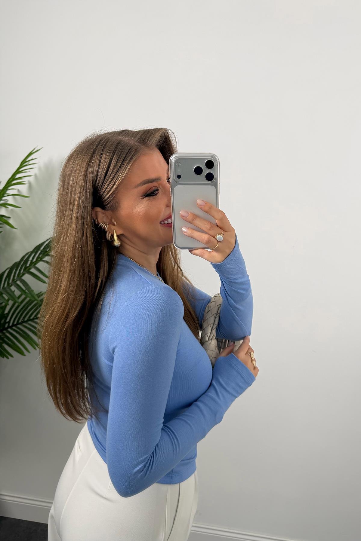 Massi Model Tam Pamuklu Soft Touch Likralı Basic Body Mavi