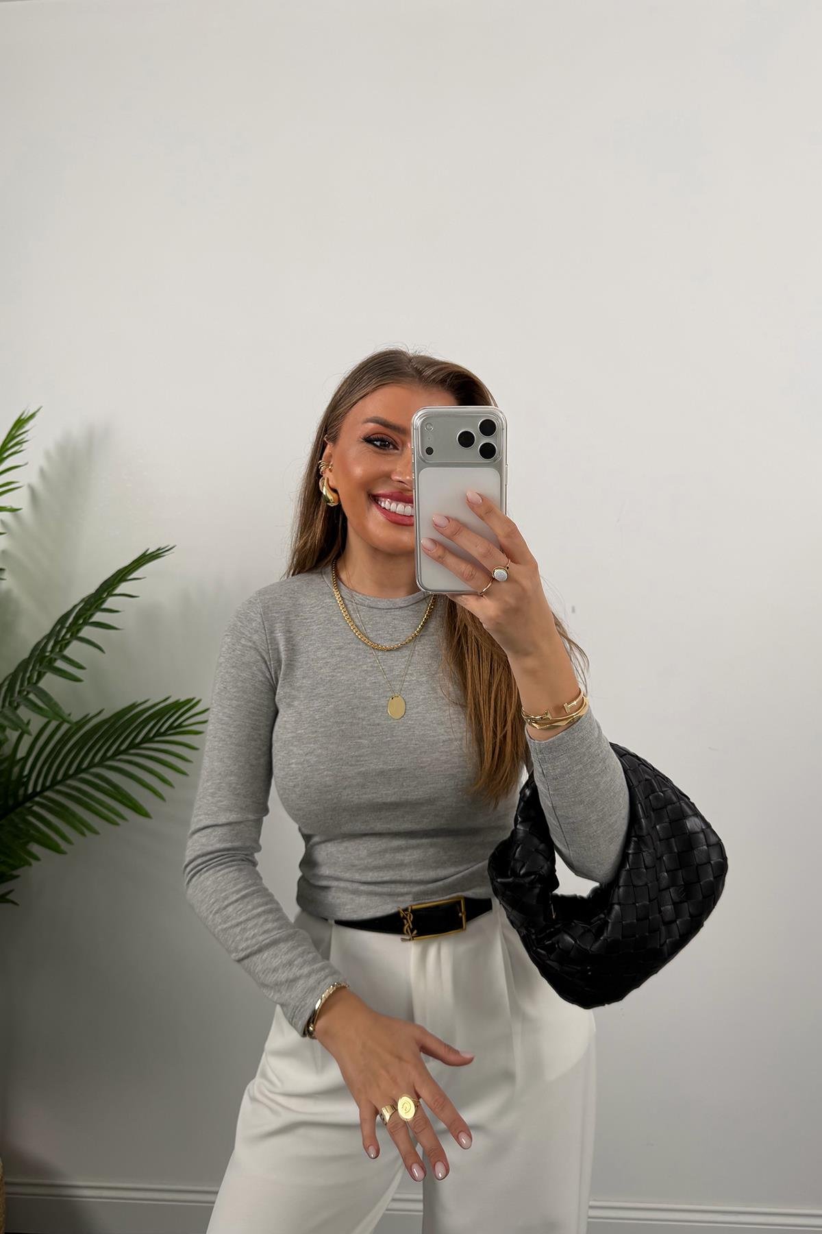 Massi Model Tam Pamuklu Soft Touch Likralı Basic Body Gri Melanj