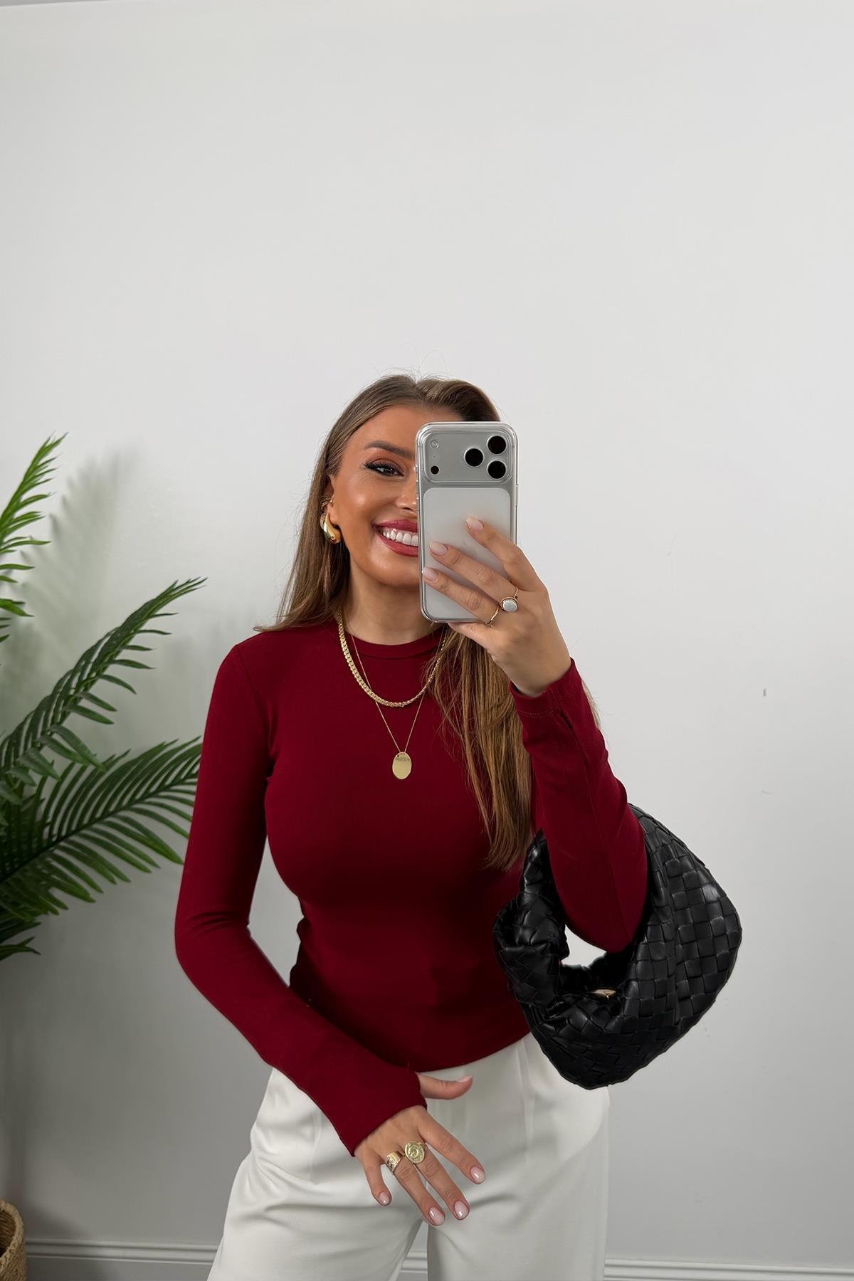 Massi Model Tam Pamuklu Soft Touch Likralı Basic Body Bordo 