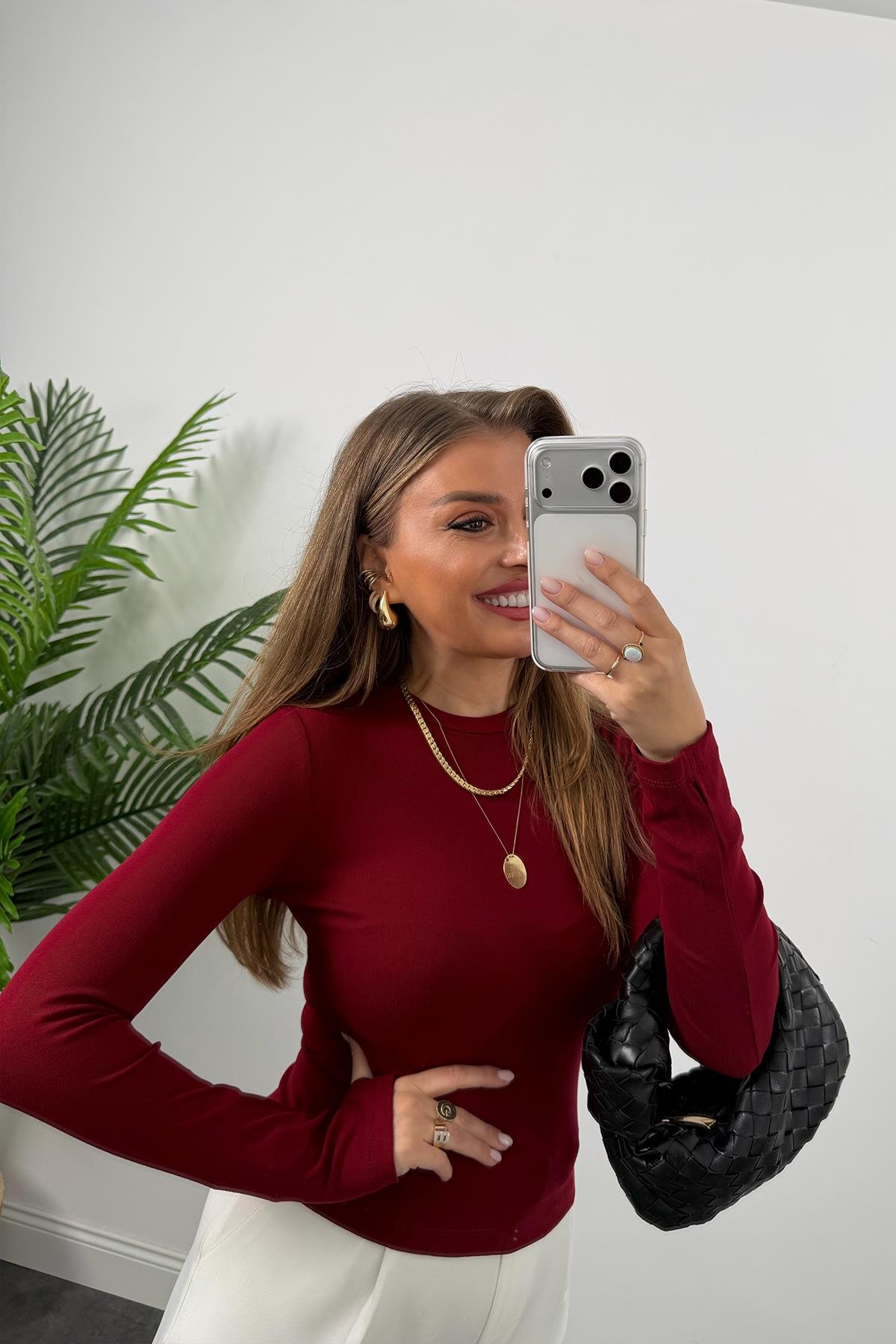 Massi Model Tam Pamuklu Soft Touch Likralı Basic Body Bordo 