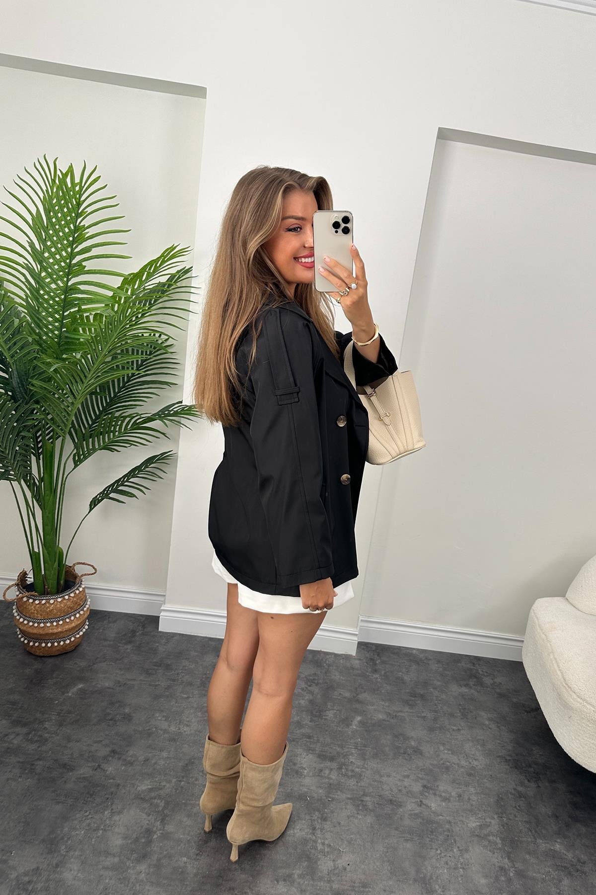 Massimo model 1. Sınıf Kalite Orta Boy Klasik Trençkot Siyah