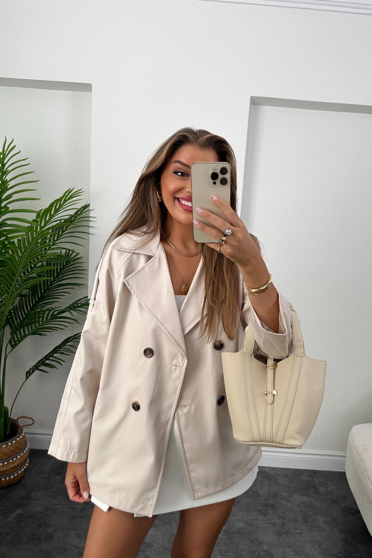 Massimo model 1. Sınıf Kalite Orta Boy Klasik Trençkot Taş