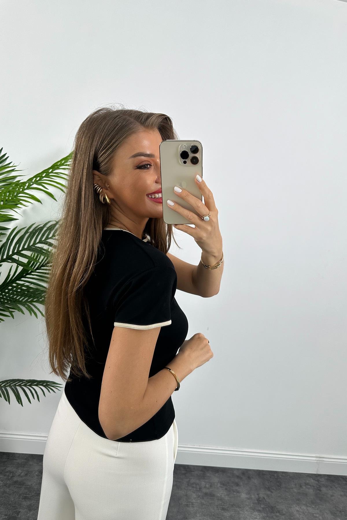 Massimo Model %100 Pamuklu Biyeli Kısa Kol Basic Tshirt  Siyah